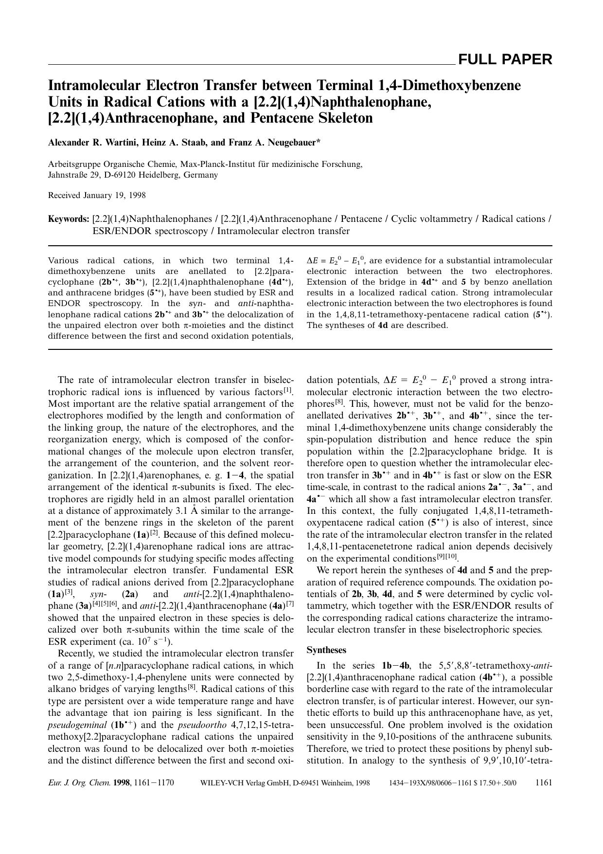 Intramolecular Electron Transfer between Terminal 1,4-Dimethoxybenzene Units in Radical Cations with a [2.2](1,4)Naphthalenophane, [2.2](1,4)Anthracenophane, and Pentacene Skeleton by Unknown