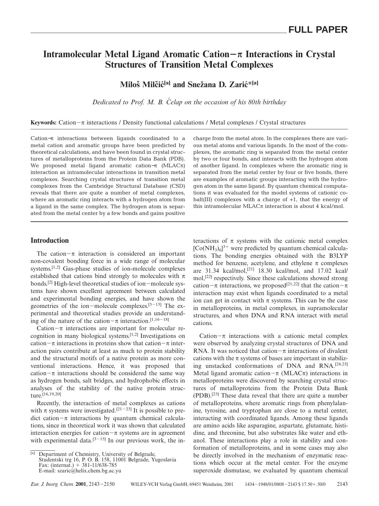 Intramolecular Metal Ligand Aromatic Cation-[pgr] Interactions in Crystal Structures of Transition Metal Complexes by Unknown