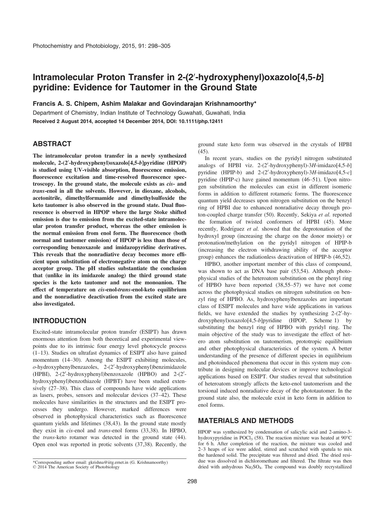 Intramolecular Proton Transfer in 2&#x2010;(2&#x2032;&#x2010;hydroxyphenyl)oxazolo[4,5&#x2010;b]pyridine: Evidence for Tautomer in the Ground State by Unknown