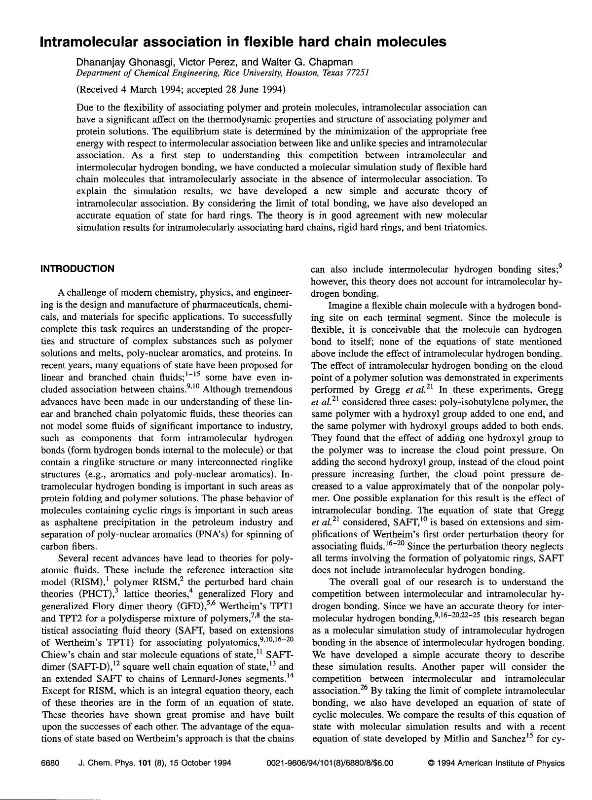 Intramolecular association in flexible hard chain molecules by Dhananjay Ghonasgi; Victor Perez; Walter G. Chapman