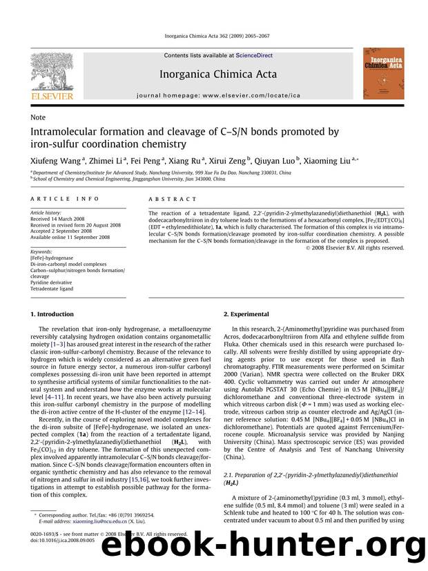 Intramolecular formation and cleavage of CâSN bonds promoted by iron-sulfur coordination chemistry by Xiufeng Wang; Zhimei Li; Fei Peng; Xiang Ru; Xirui Zeng; Qiuyan Luo; Xiaoming Liu