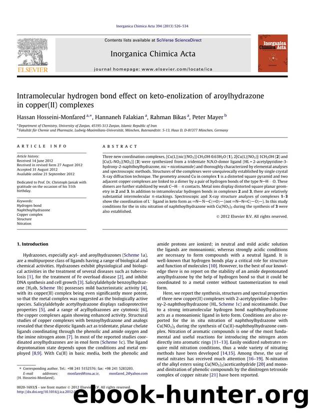 Intramolecular hydrogen bond effect on keto-enolization of aroylhydrazone in copper(II) complexes by Hassan Hosseini-Monfared & Hannaneh Falakian & Rahman Bikas & Peter Mayer