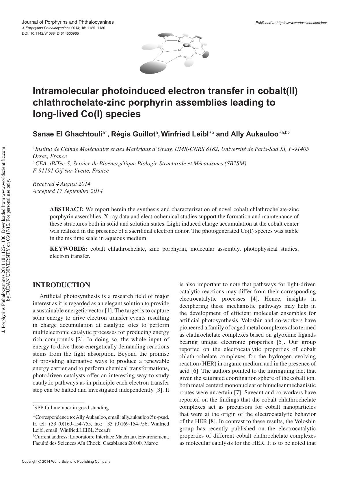Intramolecular photoinduced electron transfer in cobalt(II) chlathrochelate-zinc porphyrin assemblies leading to long-lived Co(I) species by Sanae El Ghachtouli Régis Guillot Winfried Leibl & Ally Aukauloo
