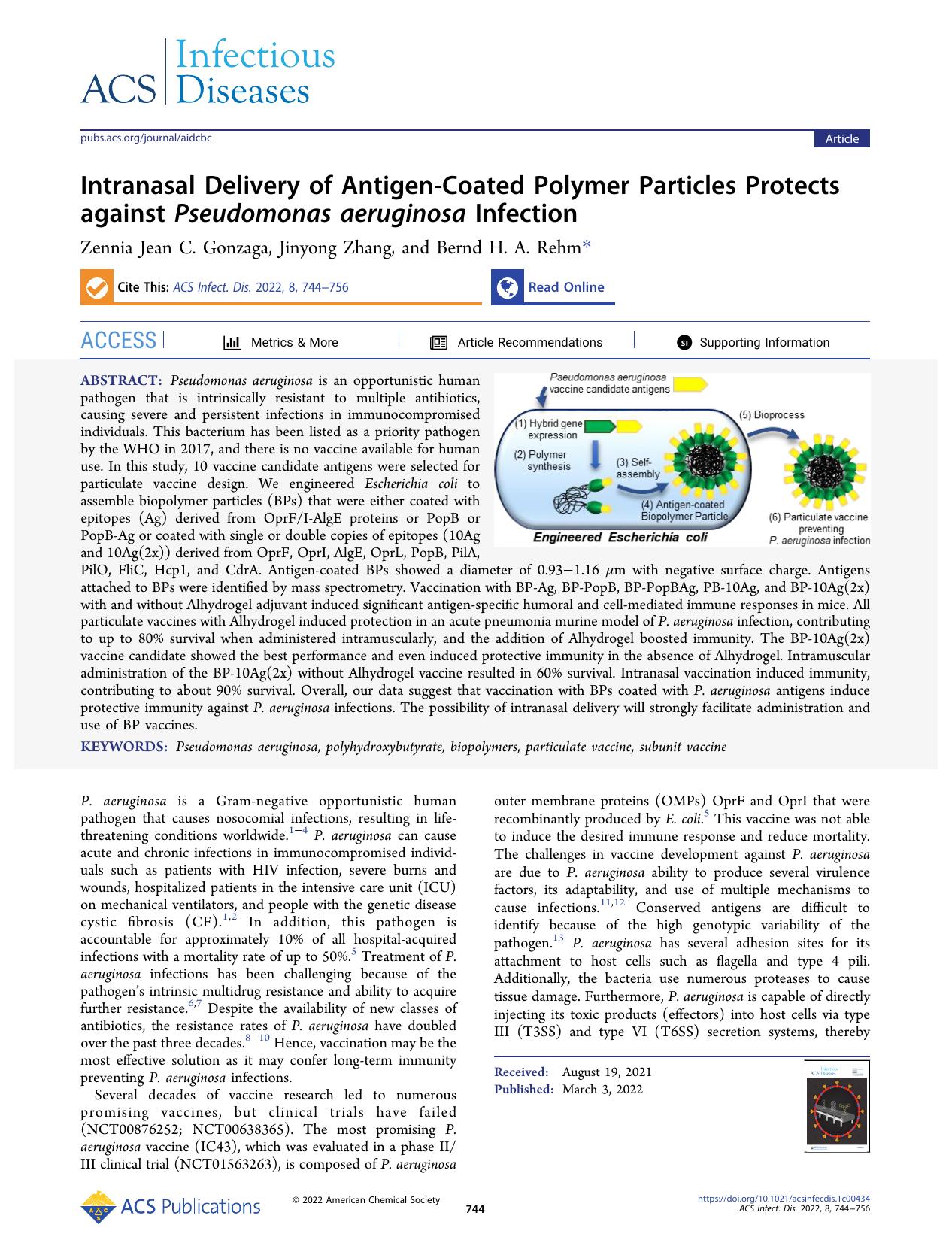 Intranasal Delivery of Antigen-Coated Polymer Particles Protects against Pseudomonas aeruginosa Infection by Zennia Jean C. Gonzaga Jinyong Zhang and Bernd H. A. Rehm