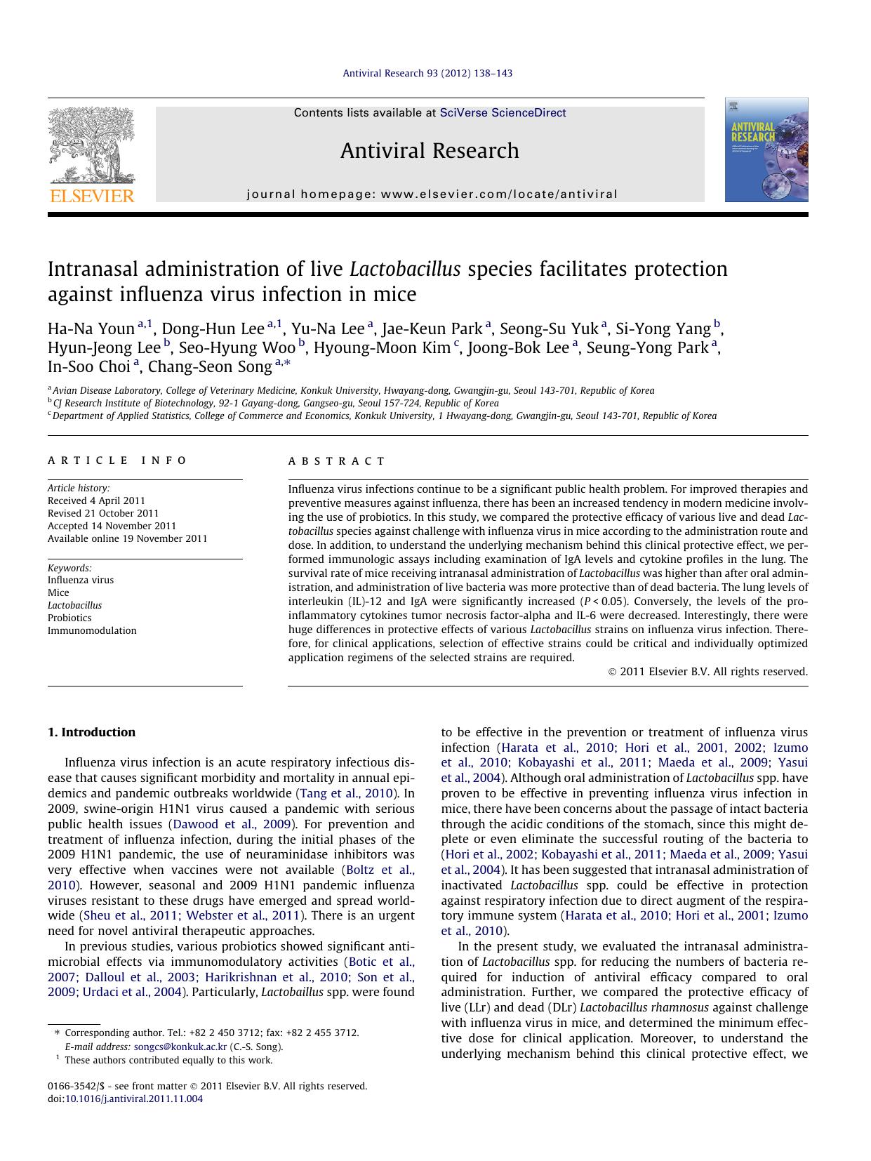 Intranasal administration of live Lactobacillus species facilitates protection against influenza virus infection in mice by unknow
