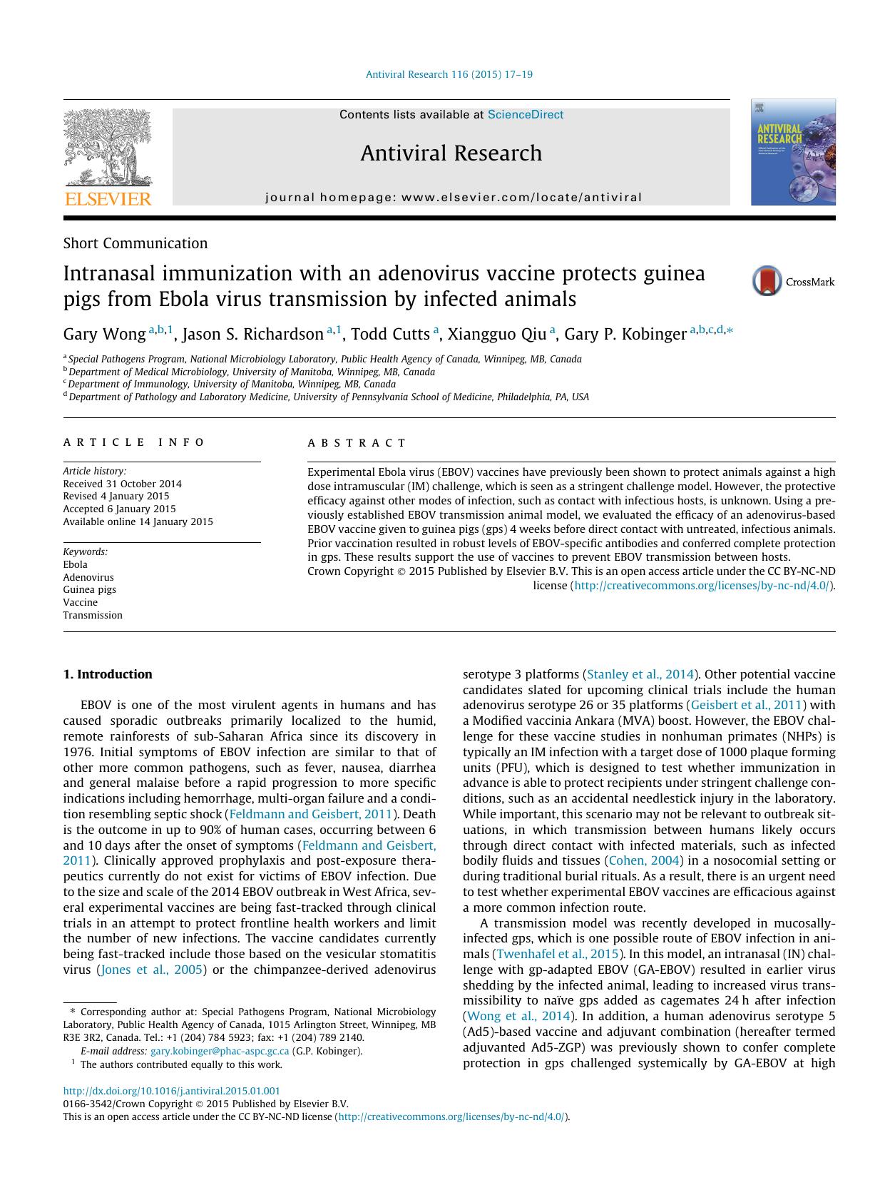 Intranasal immunization with an adenovirus vaccine protects guinea pigs from Ebola virus transmission by infected animals by Gary Wong & Jason S. Richardson & Todd Cutts & Xiangguo Qiu & Gary P. Kobinger
