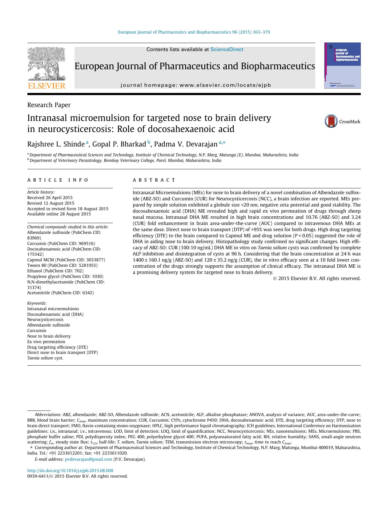 Intranasal microemulsion for targeted nose to brain delivery in neurocysticercosis: Role of docosahexaenoic acid by Rajshree L. Shinde & Gopal P. Bharkad & Padma V. Devarajan