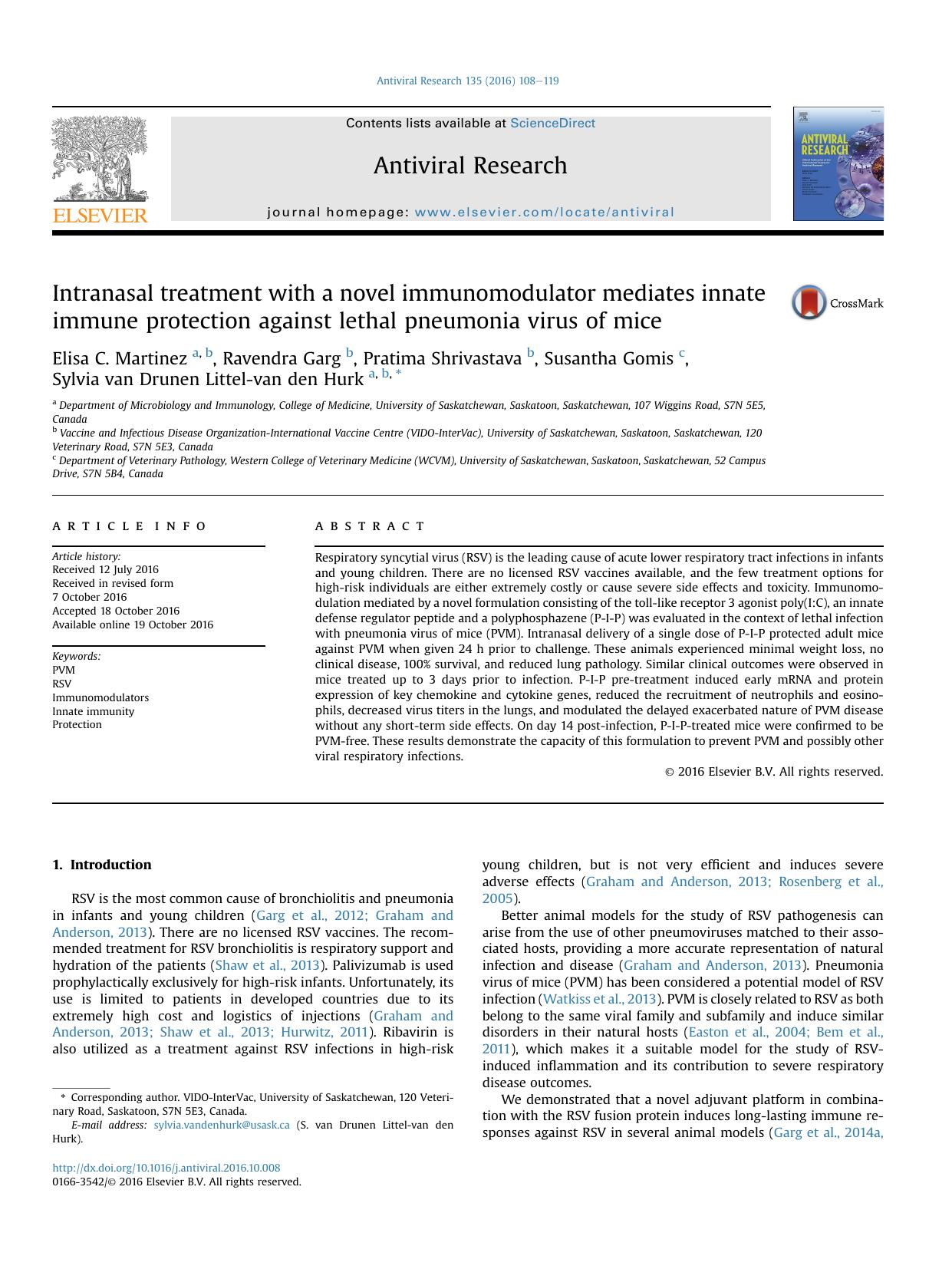 Intranasal treatment with a novel immunomodulator mediates innate immune protection against lethal pneumonia virus of mice by unknow