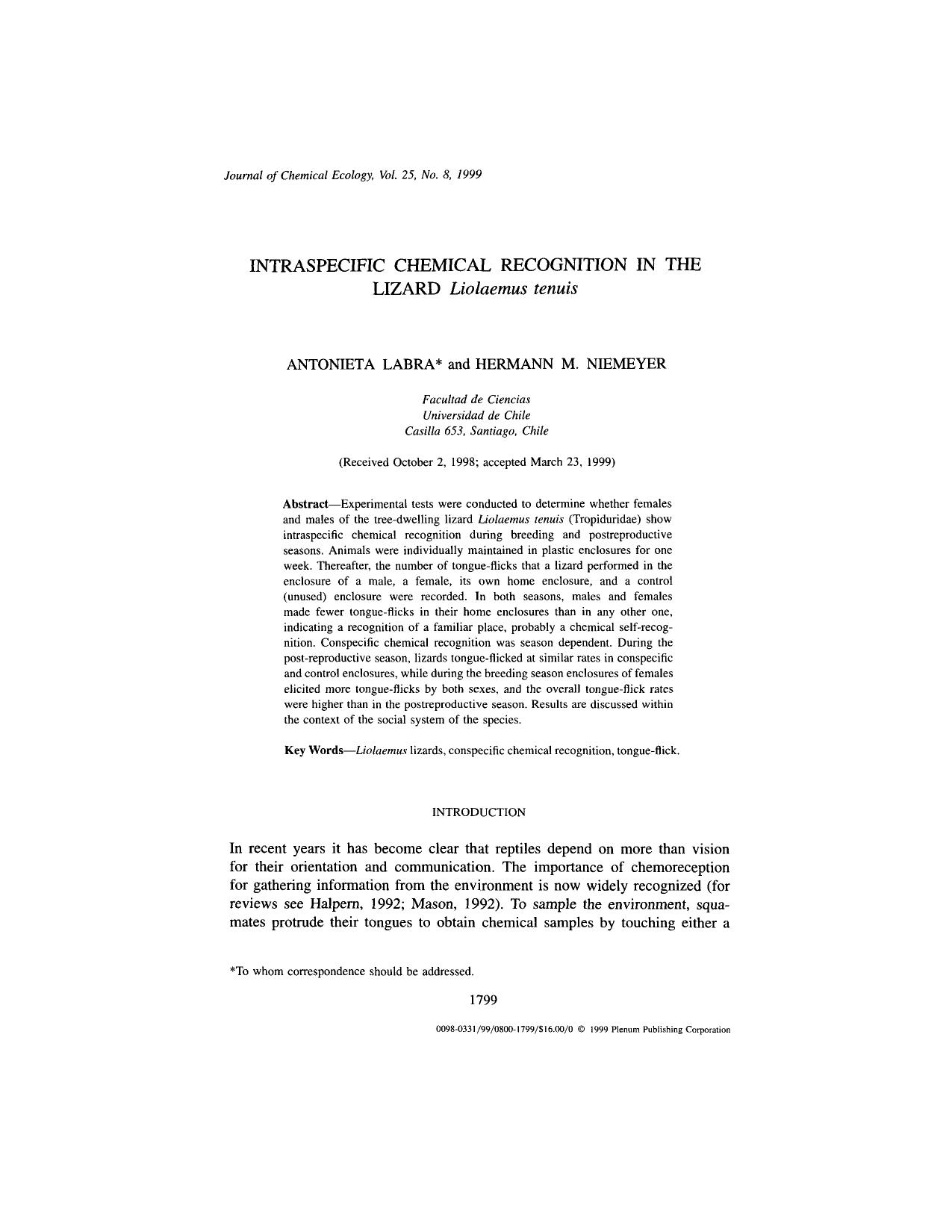 Intraspecific Chemical Recognition in the Lizard <Emphasis Type="Italic">Liolaemus tenuis<Emphasis> by Unknown