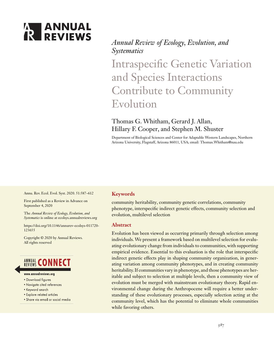Intraspecific Genetic Variation and Species Interactions Contribute to Community Evolution by Thomas G. Whitham Gerard J. Allan Hillary F. Cooper and Stephen M. Shuster