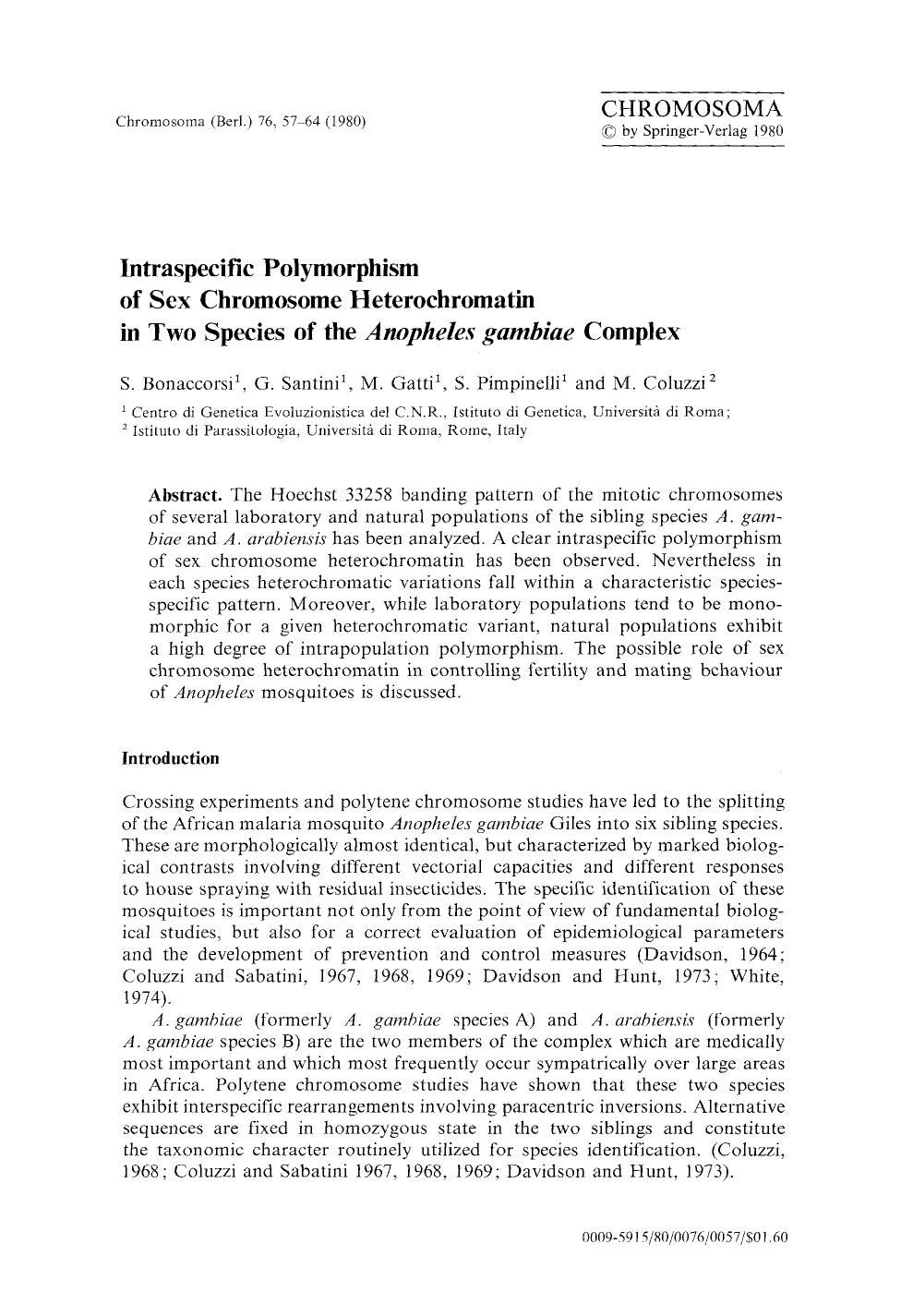 Intraspecific polymorphism of sex chromosome heterochromatin in two species of the <Emphasis Type="Italic">Anopheles gambiae<Emphasis> complex by Unknown