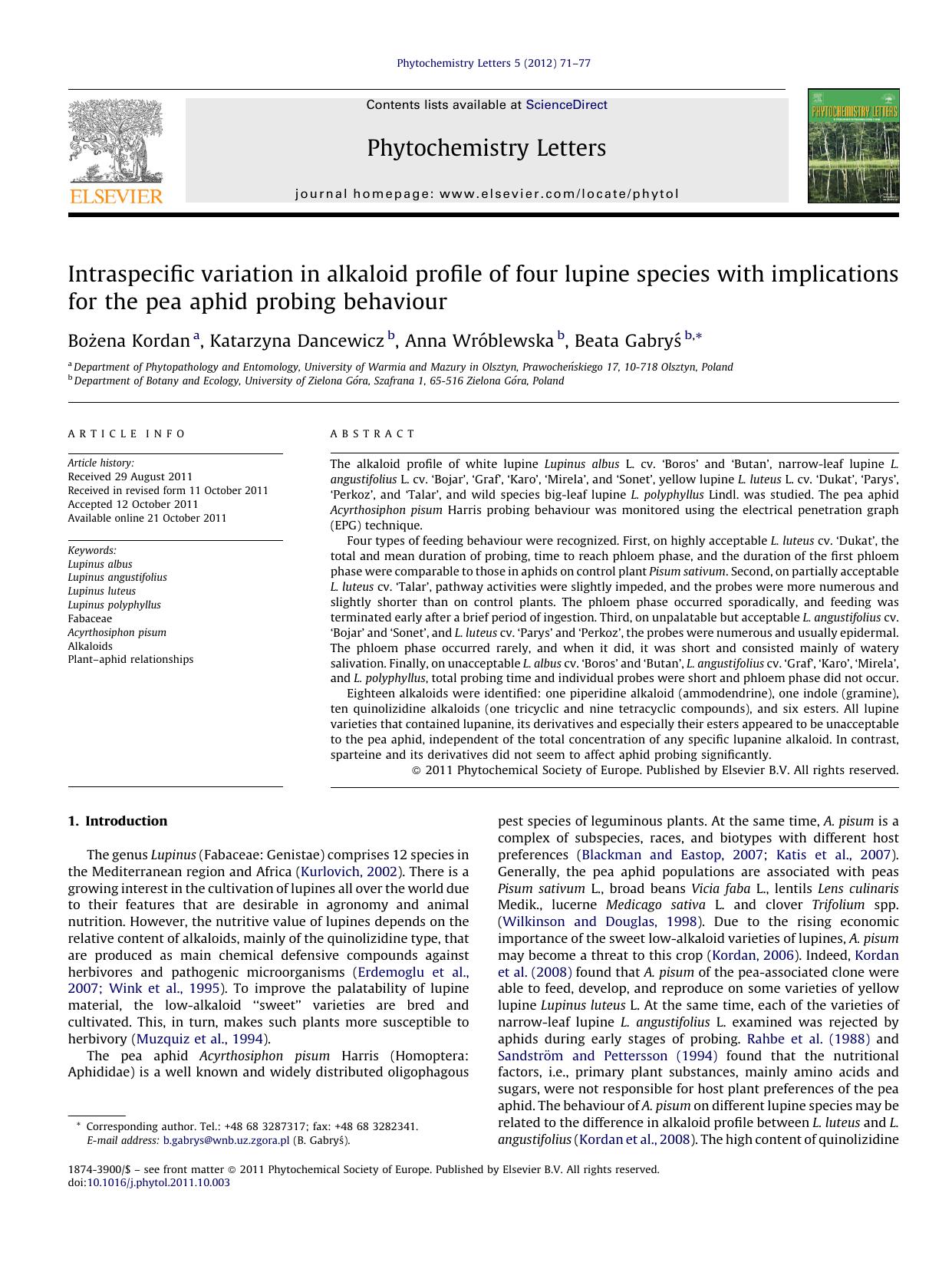 Intraspecific variation in alkaloid profile of four lupine species with implications for the pea aphid probing behaviour by Bożena Kordan