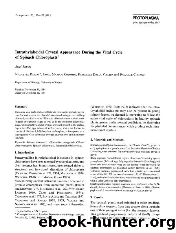 Intrathylakoidal crystal appearance during the vital cycle of spinach chloroplasts by Unknown