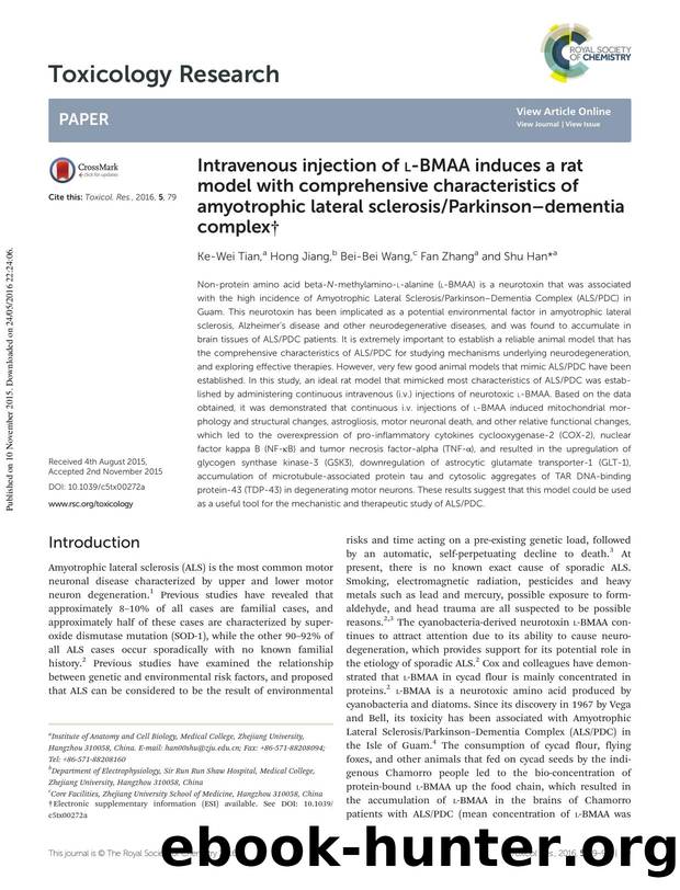 Intravenous injection of L-BMAA induces a rat model with comprehensive characteristics of amyotrophic lateral sclerosisParkinsonâdementia complex by Ke-Wei Tian Hong Jiang Bei-Bei Wang Fan Zhang Shu Han