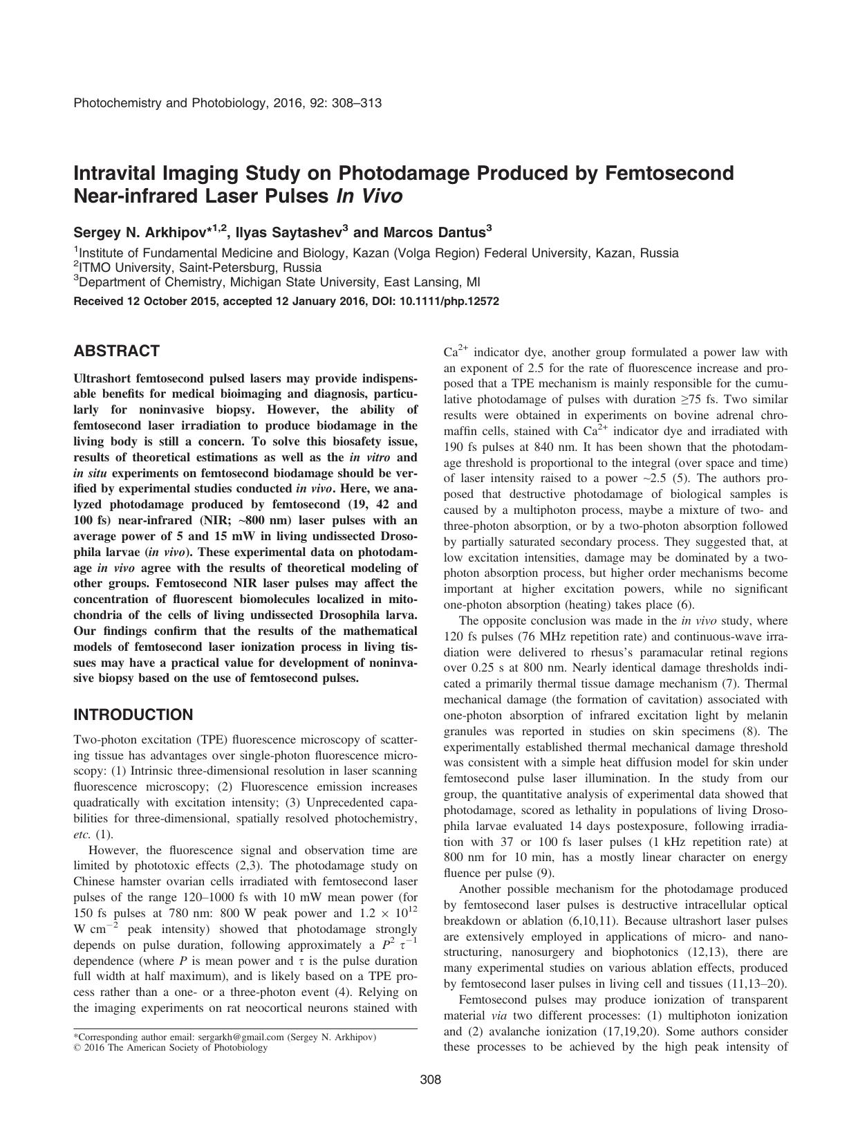 Intravital Imaging Study on Photodamage Produced by Femtosecond Near&#x2010;infrared Laser Pulses In Vivo by Unknown