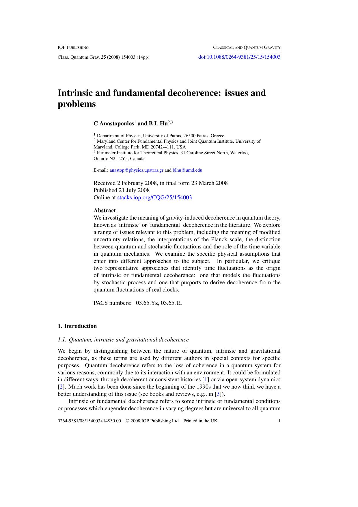 Intrinsic and fundamental decoherence: issues and problems by C Anastopoulos and B L Hu
