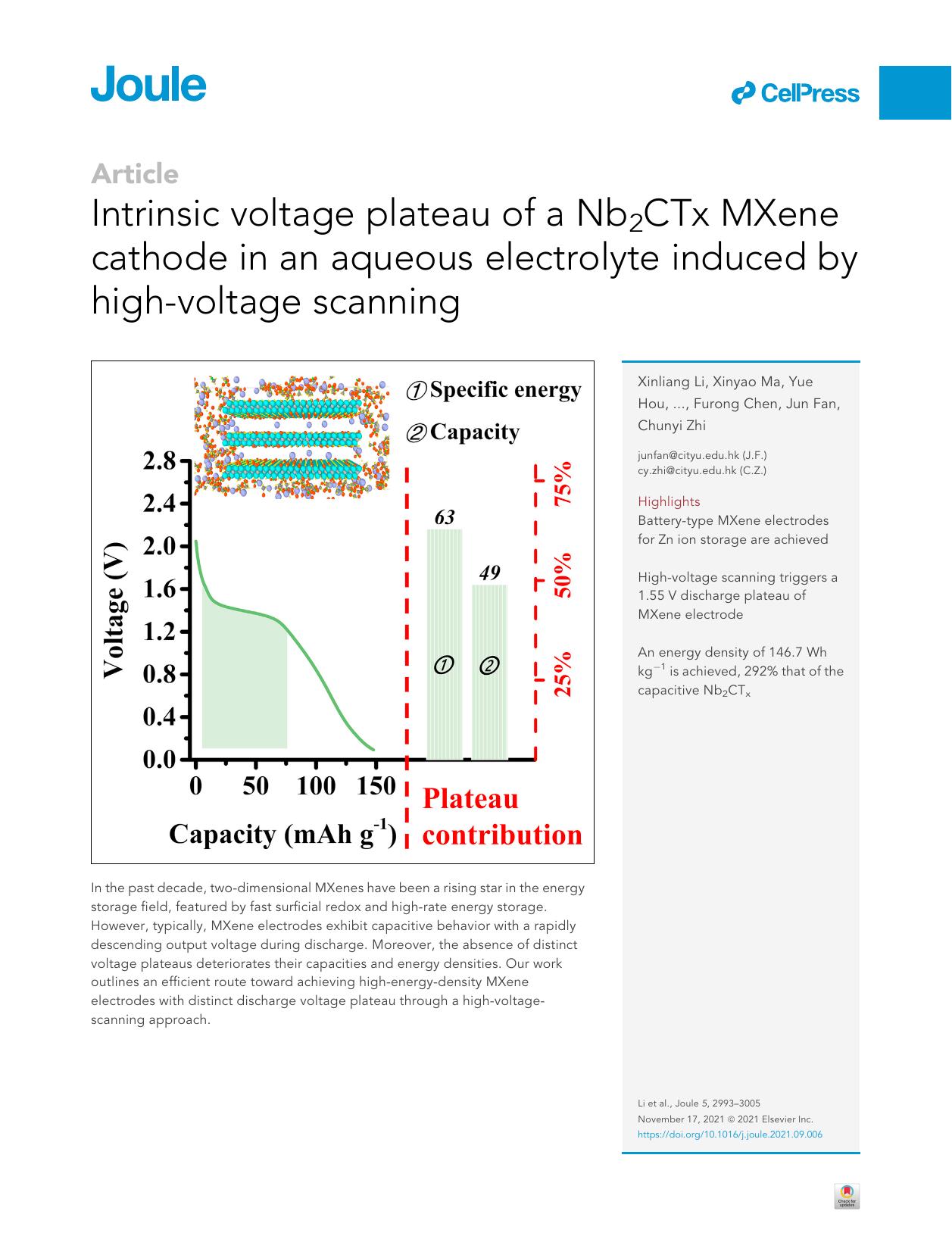 Intrinsic voltage plateau of a Nb2CTx MXene cathode in an aqueous electrolyte induced by high-voltage scanning by unknow