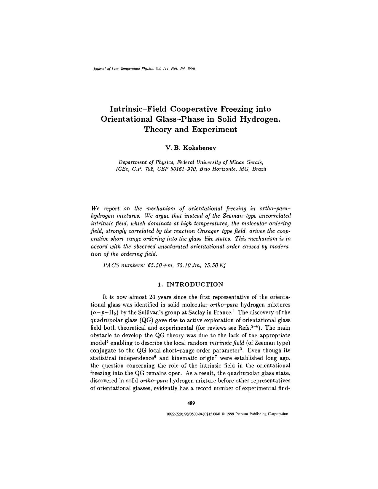 Intrinsic–Field Cooperative Freezing into Orientational Glass–Phase in Solid Hydrogen. Theory and Experiment by Unknown