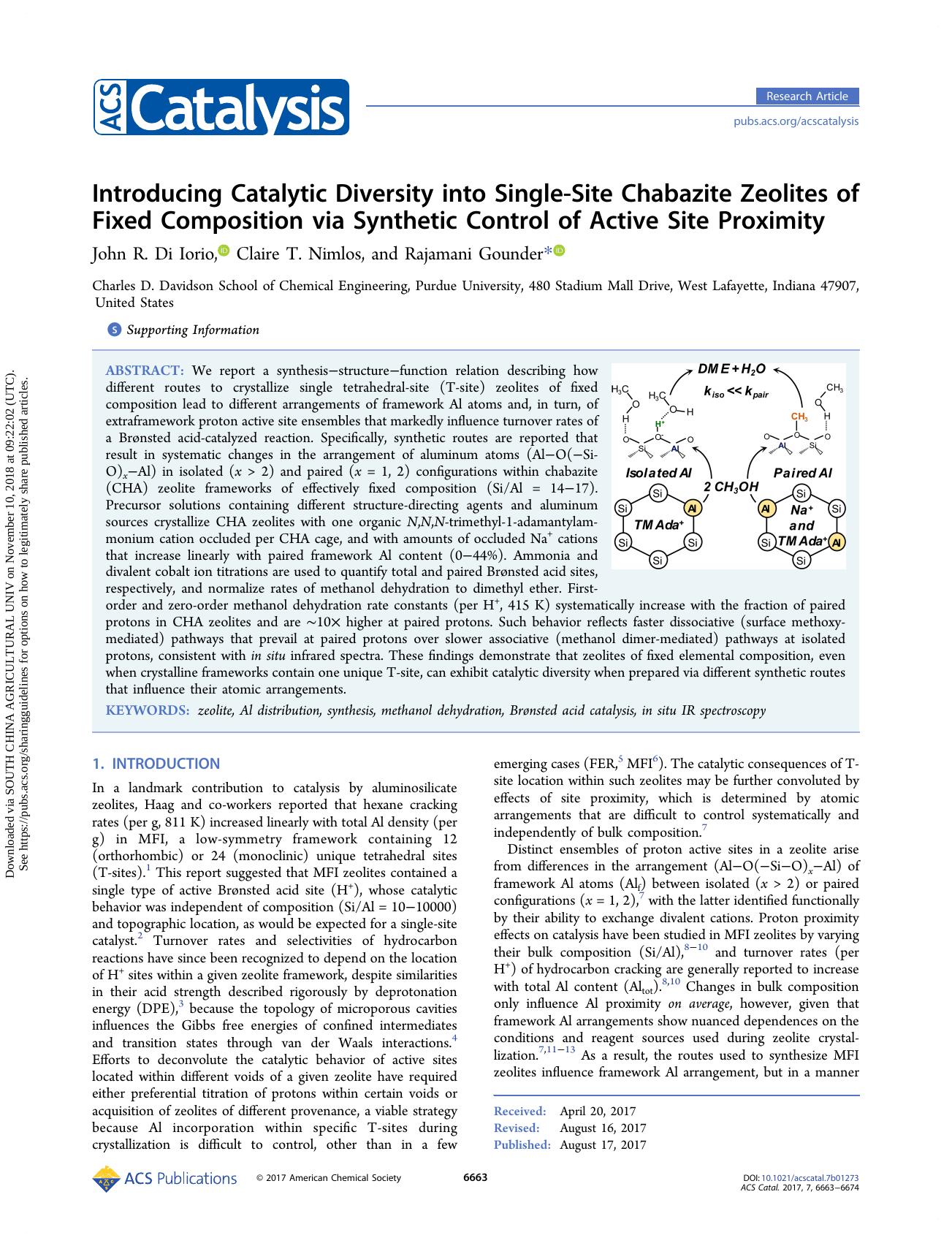 Introducing Catalytic Diversity into Single-Site Chabazite Zeolites of Fixed Composition via Synthetic Control of Active Site Proximity by John R. Di Iorio Claire T. Nimlos & Rajamani Gounder