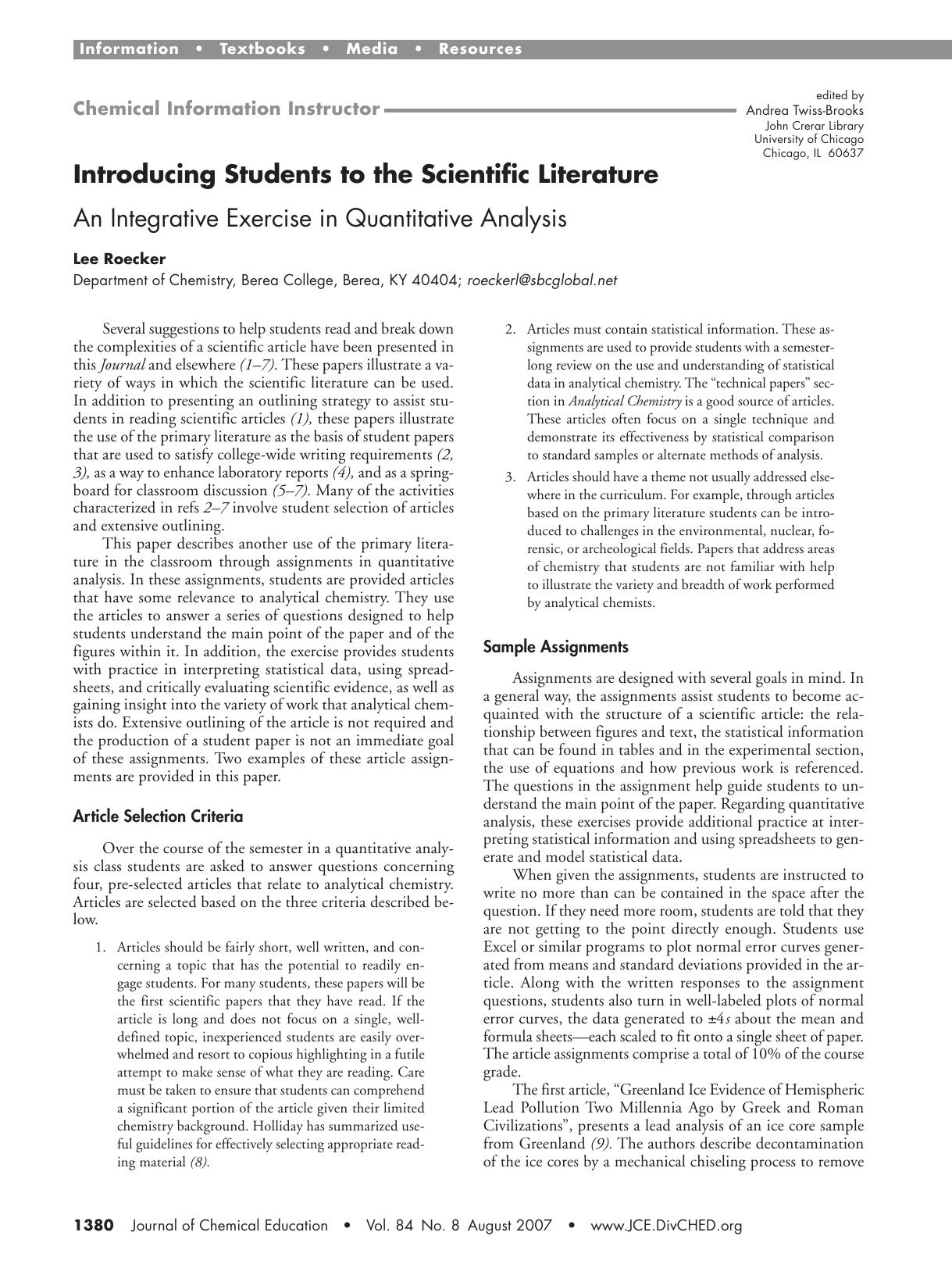 Introducing Students to the Scientific Literature. An Integrative Exercise in Quantitative Analysis by Lee Roecker