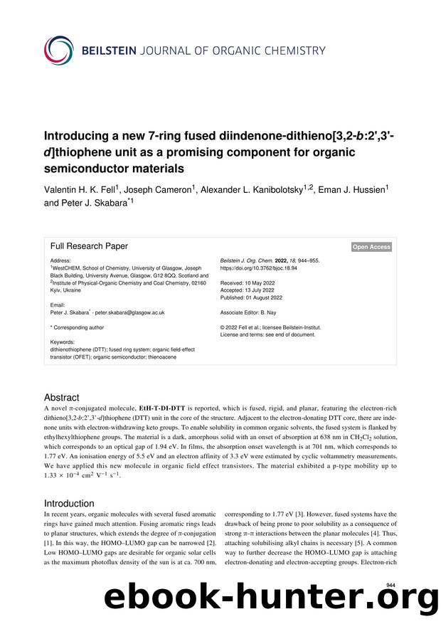 Introducing a new 7-ring fused diindenone-dithieno[3,2-b:2',3'-d]thiophene unit as a promising component for organic semiconductor materials by Valentin H. K. Fell Joseph Cameron Alexander L. Kanibolotsky Eman J. Hussien Peter J. Skabara