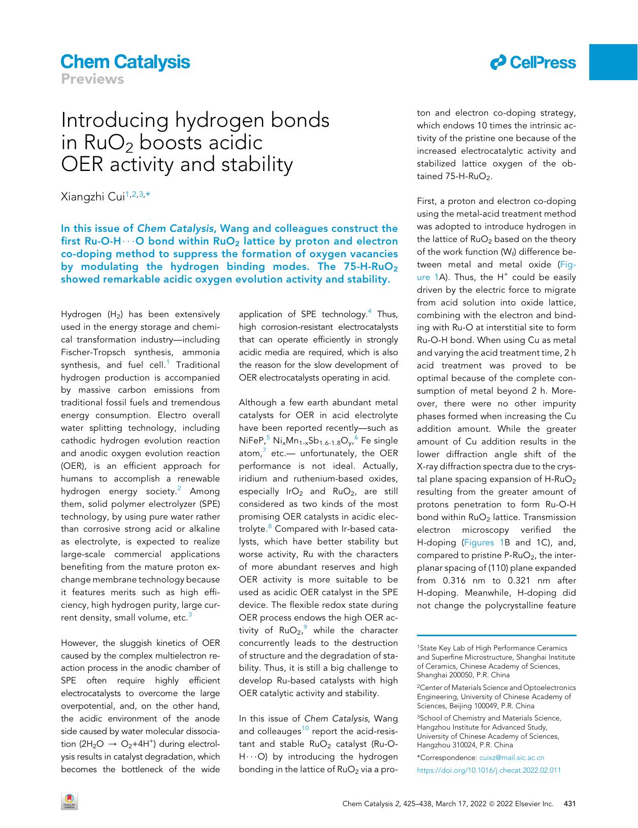 Introducing hydrogen bonds in RuO2 boosts acidic OER activity and stability by Xiangzhi Cui