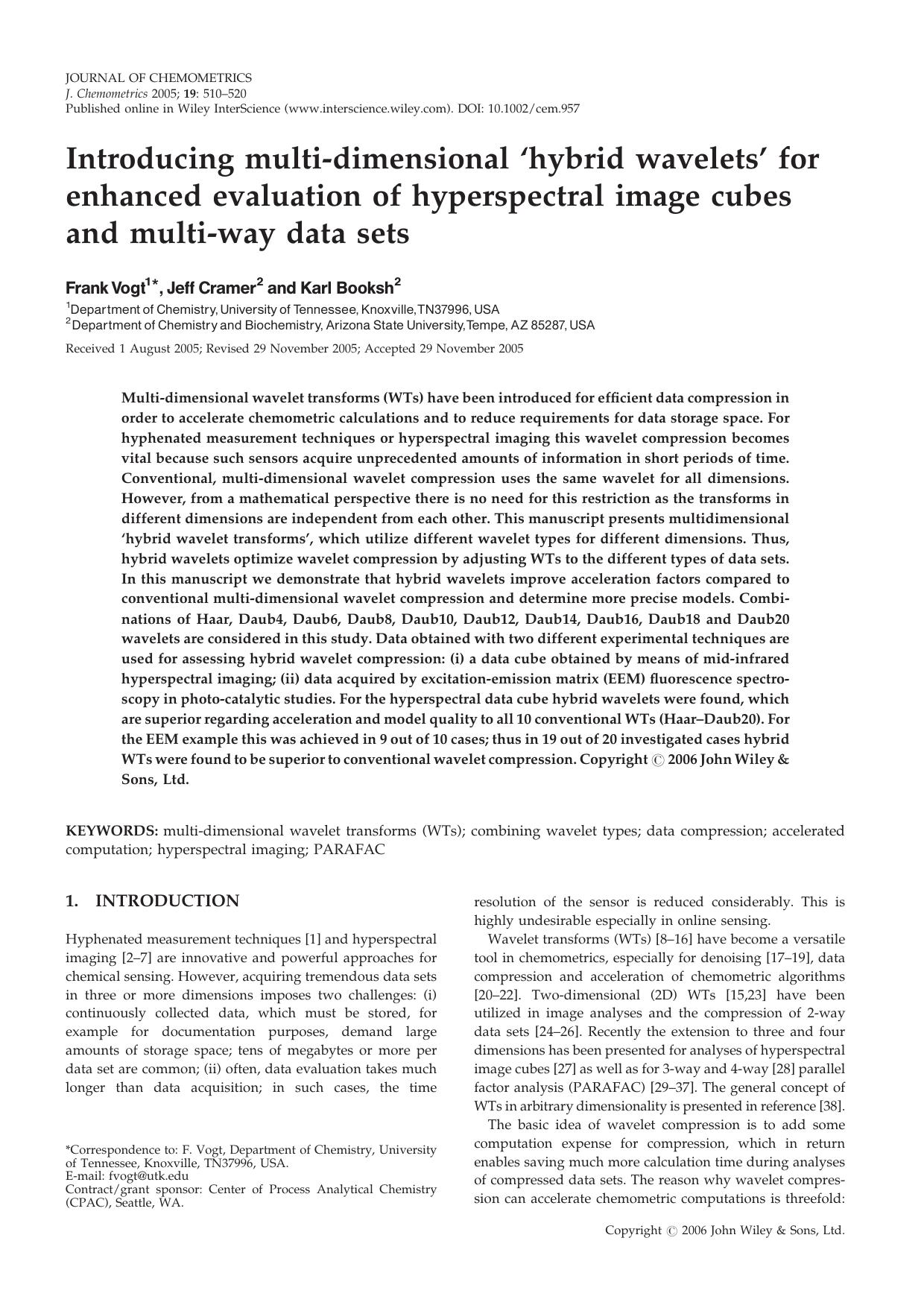 Introducing multi-dimensional `hybrid wavelets' for enhanced evaluation of hyperspectral image cubes and multi-way data sets by Unknown