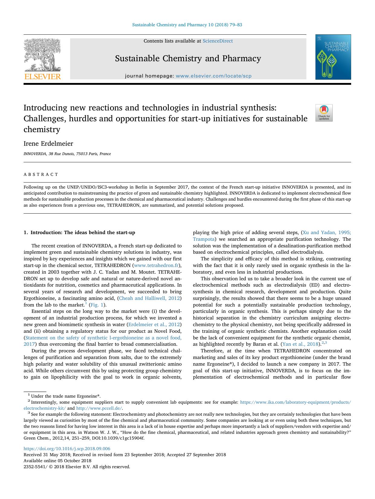 Introducing new reactions and technologies in industrial synthesis_ Challenges, hurdles and opportunities for start-up initiatives for sustainable chemistry by Irene Erdelmeier