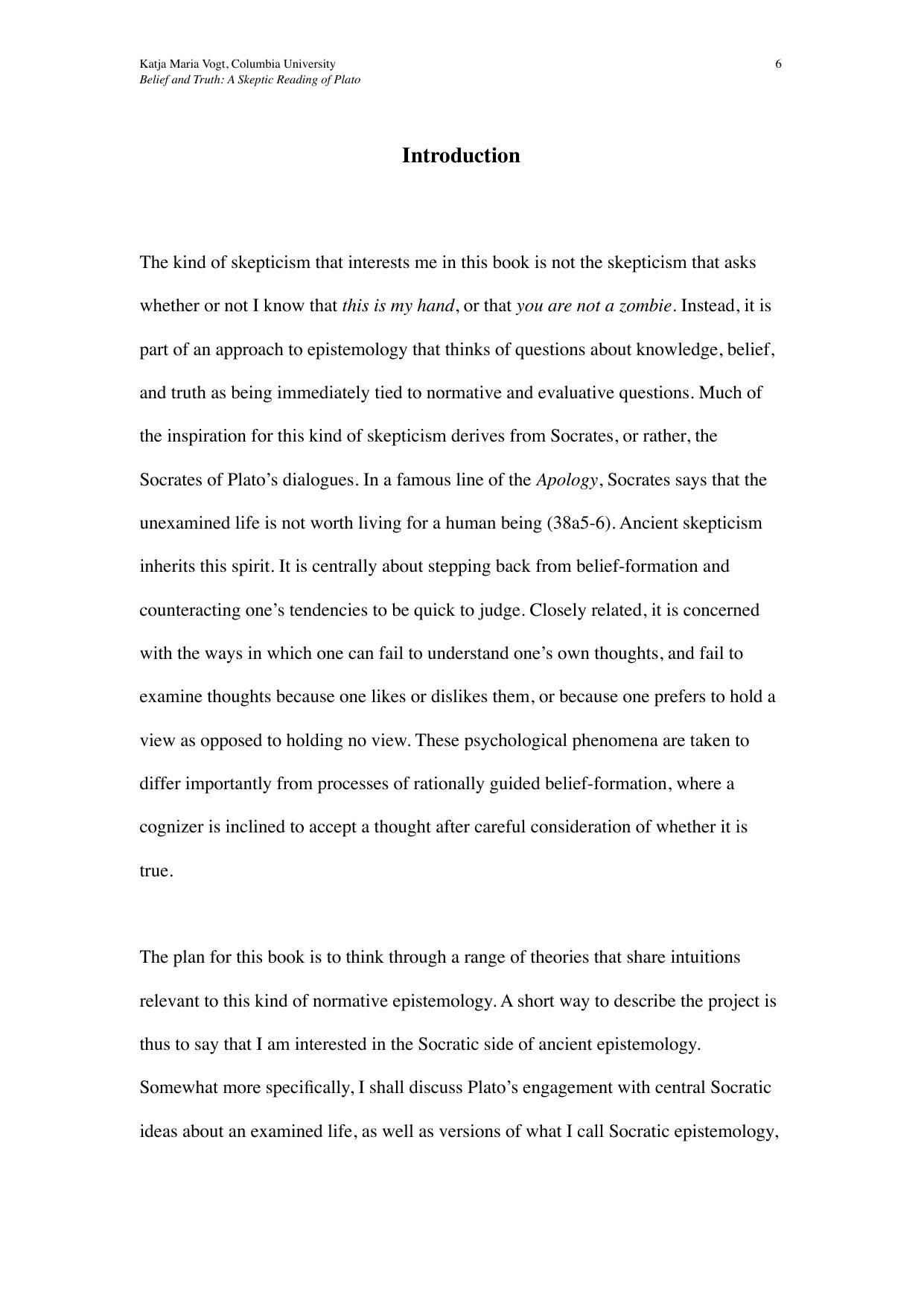 Introduction -- Belief and Truth: A Skeptic Reading of Plato by Katja Maria Vogt