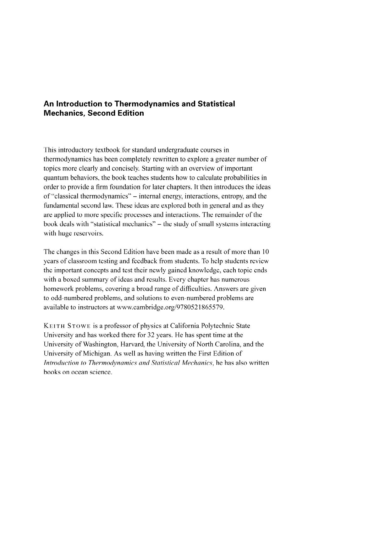 Introduction To Thermodynamics And Statistical Mechanics by Keith Stowe