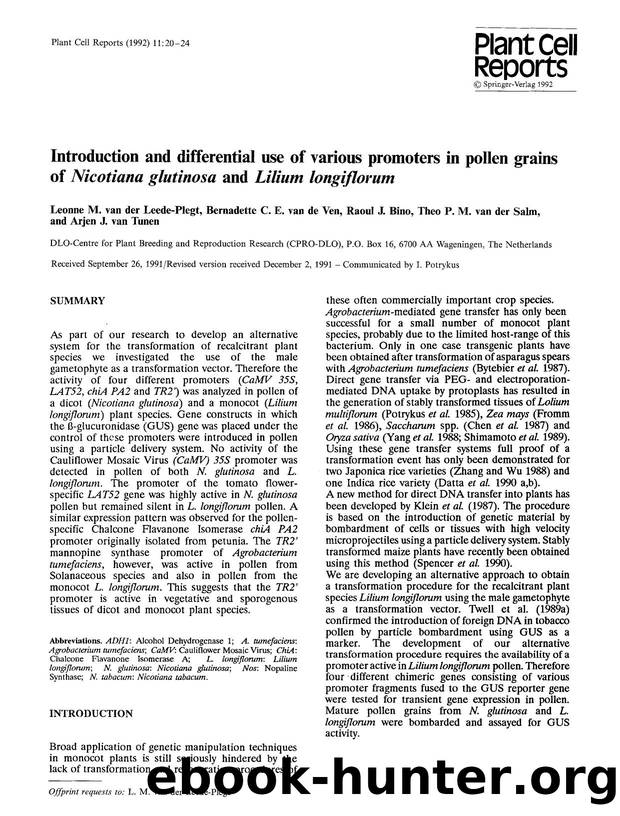 Introduction and differential use of various promoters in pollen grains of <Emphasis Type="Italic">Nicotiana glutinosa<Emphasis> and <Emphasis Type="Italic">Lilium longiflorum<Emphasis> by Unknown