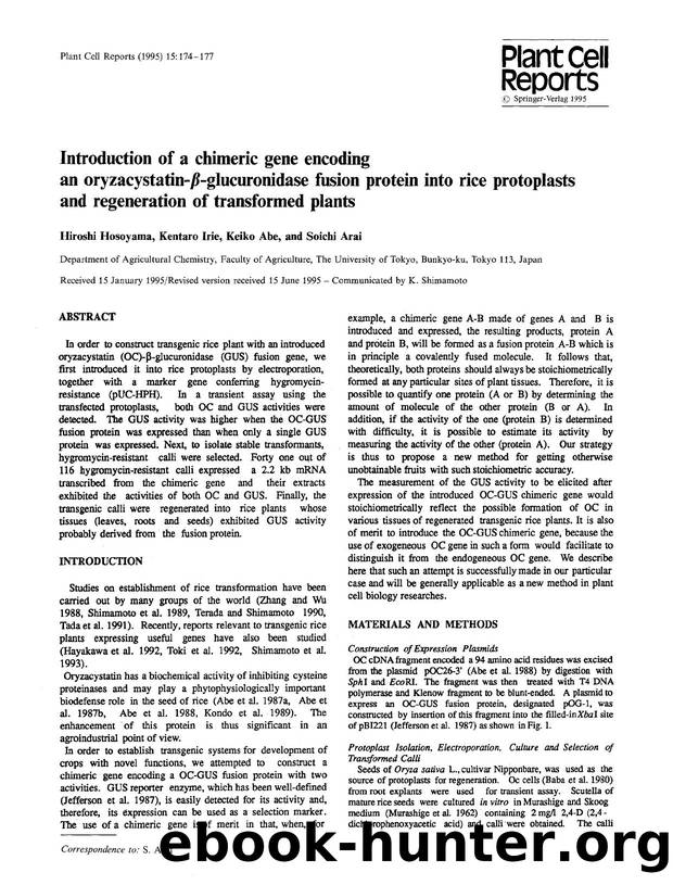 Introduction of a chimeric gene encoding an oryzacystatin-&#x03B2;-glucuronidase fusion protein into rice protoplasts and regeneration of transformed plants by Unknown