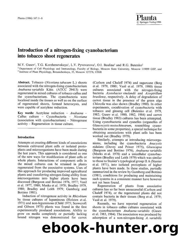 Introduction of a nitrogen-fixing cyanobacterium into tobacco shoot regenerates by Unknown