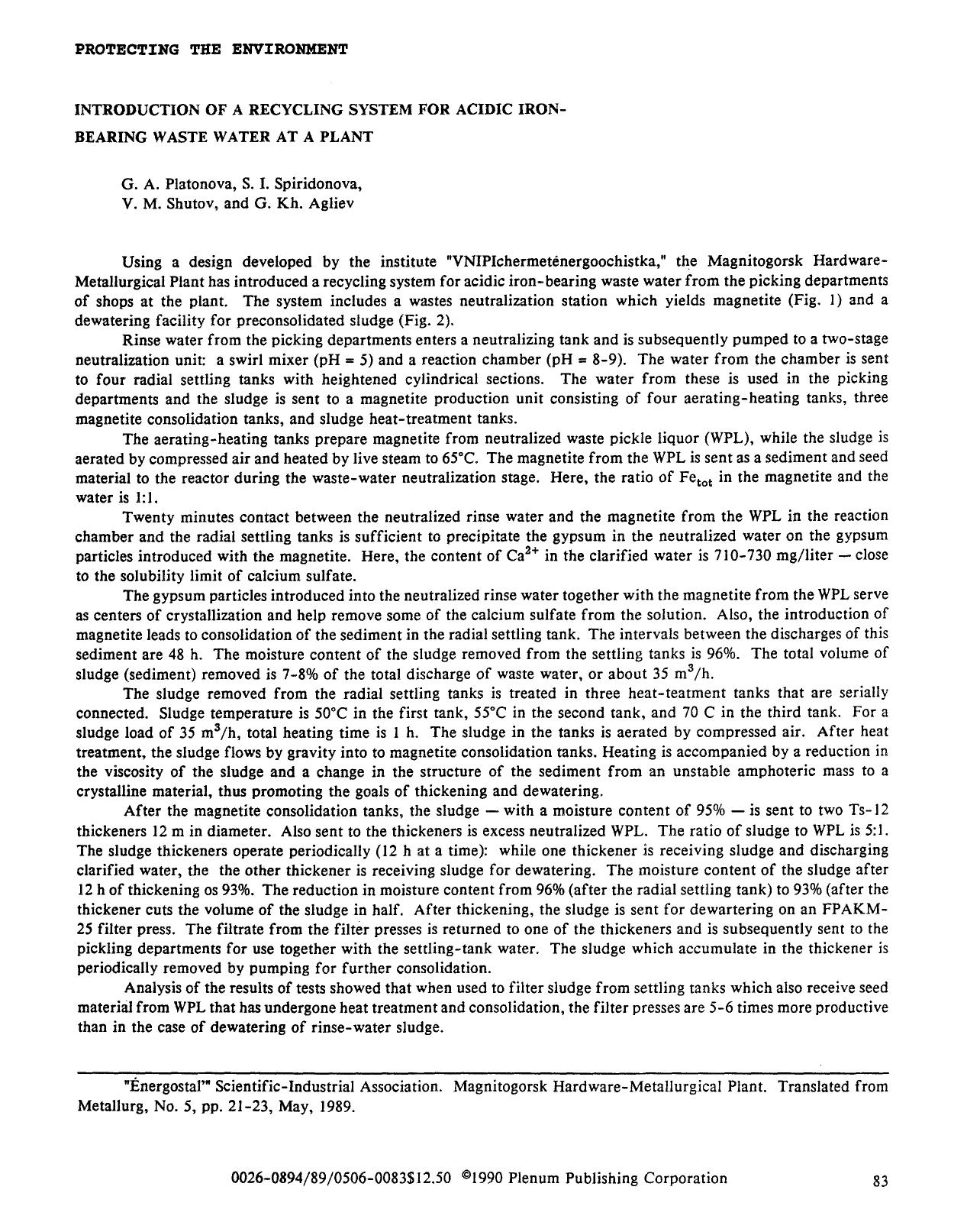 Introduction of a recycling system for acidic iron-bearing waste water at a plant by Unknown