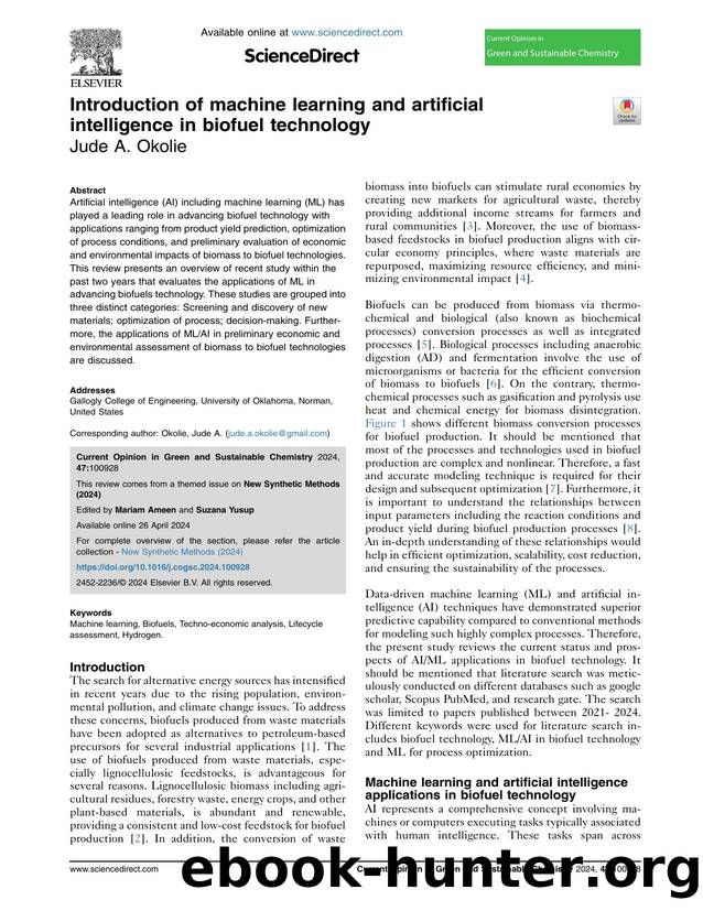 Introduction of machine learning and artificial intelligence in biofuel technology by Jude A. Okolie