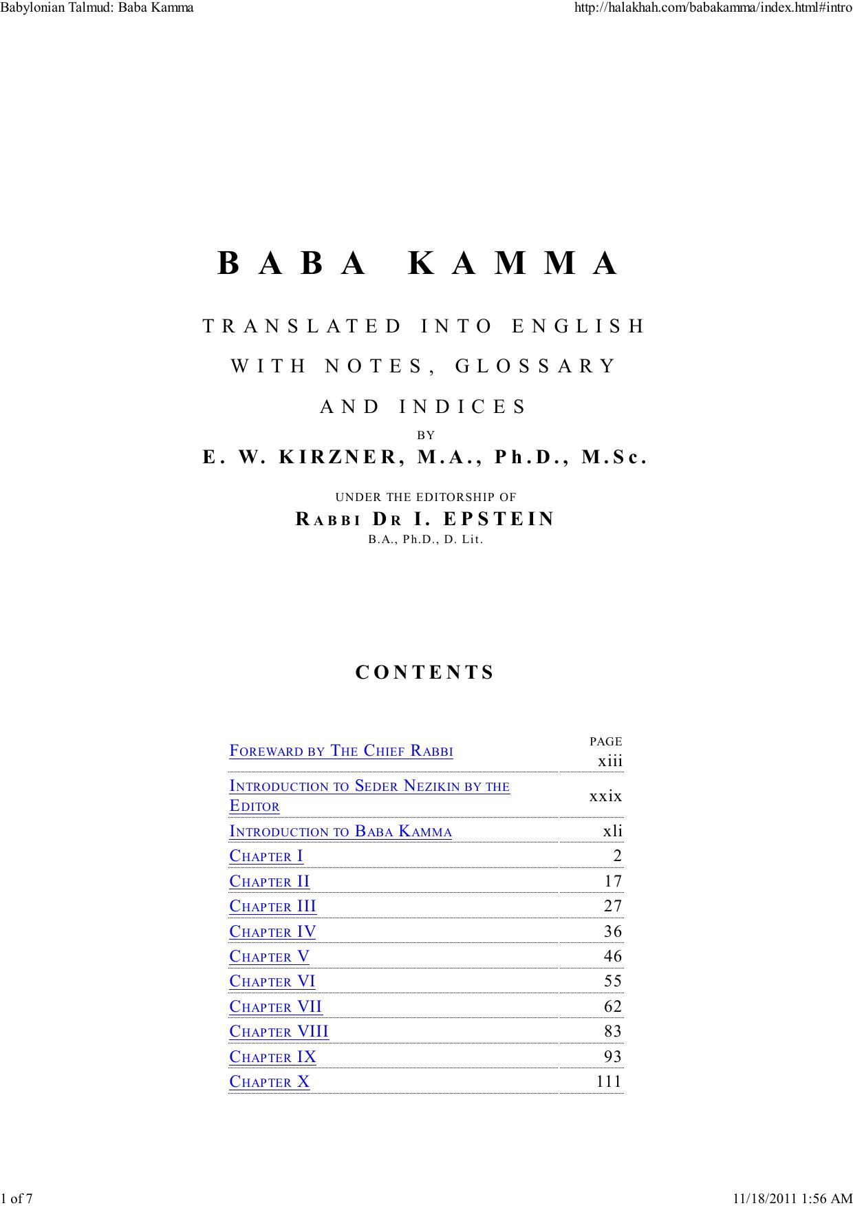 Introduction to Baba Kamma - Dr. E. W. Kirzner by adam