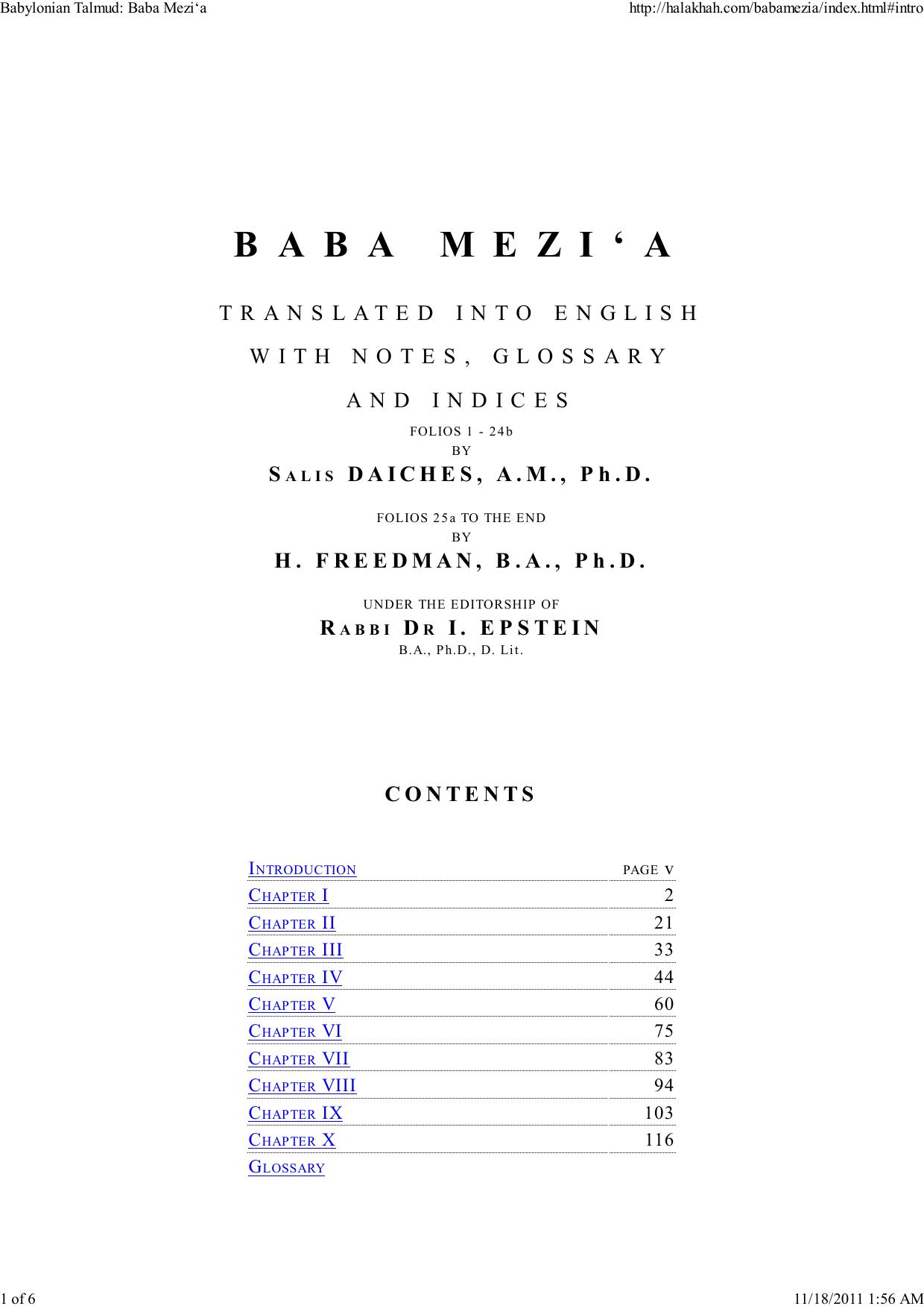 Introduction to Baba Meziâa - Rabbi Dr. H. Freedman by adam
