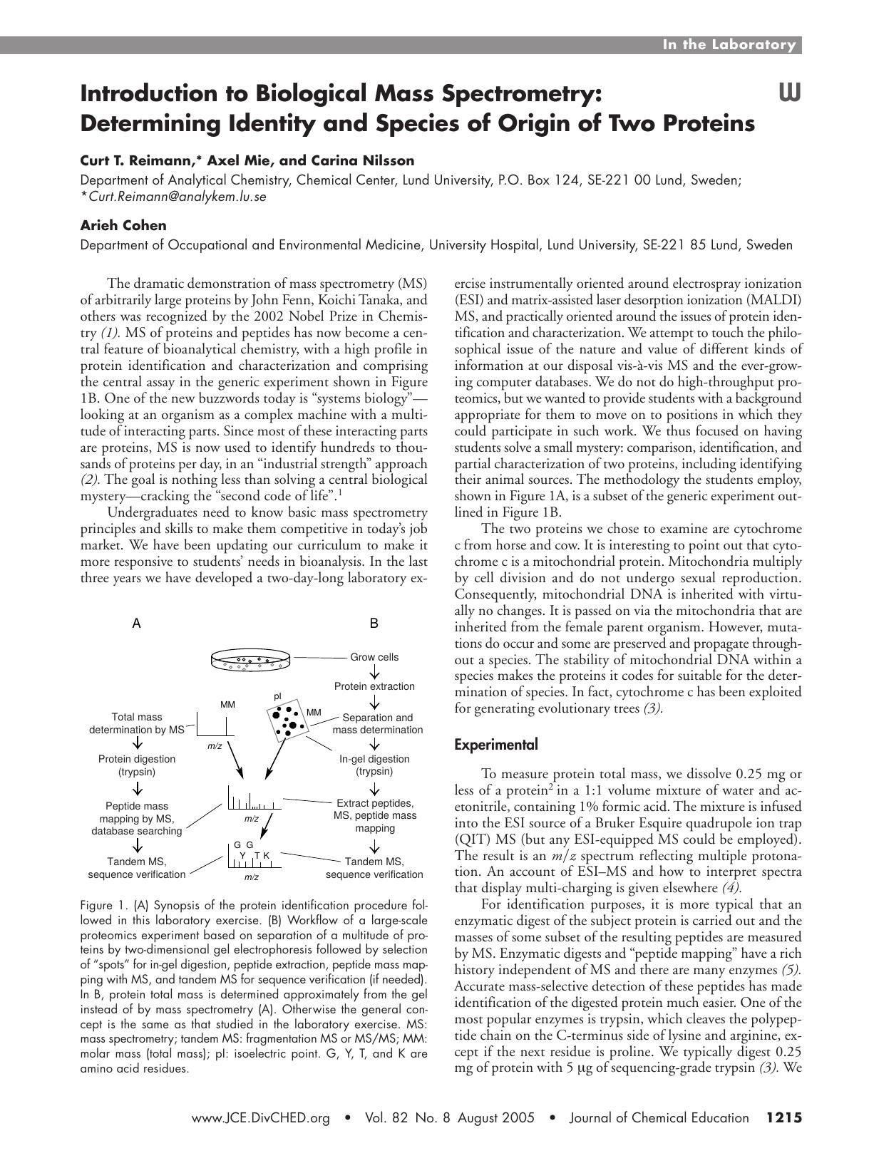 Introduction to Biological Mass Spectrometry: Determining Identity and Species of Origin of Two Proteins by Curt T. Reimann Axel Mie Carina Nilsson & Arieh Cohen