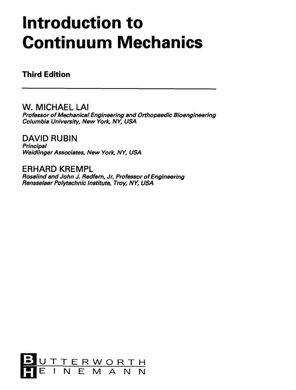Introduction to Continuum Mechanics by Lai W.Michael; Rubin David; Krempl Erhard