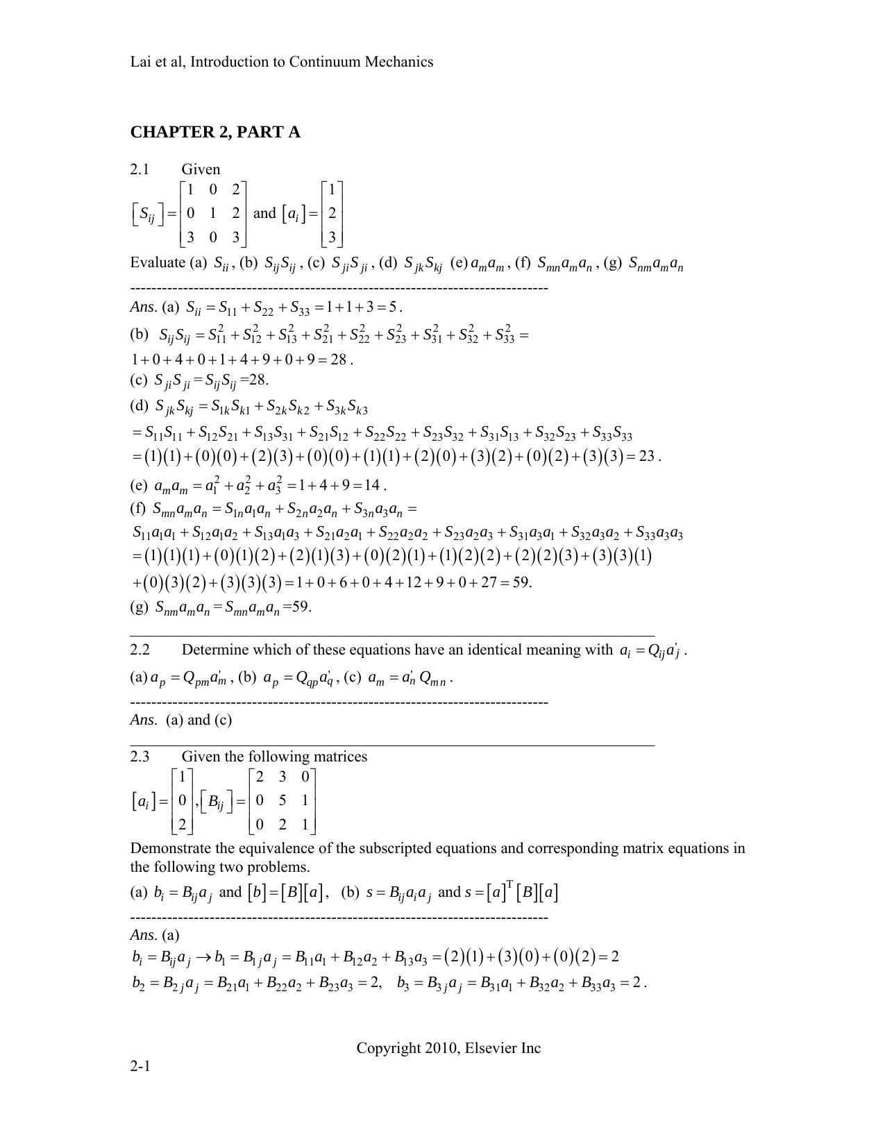 Introduction to Continuum Mechanics: Solutions manual by W Michael Lai David Rubin Erhard Krempl