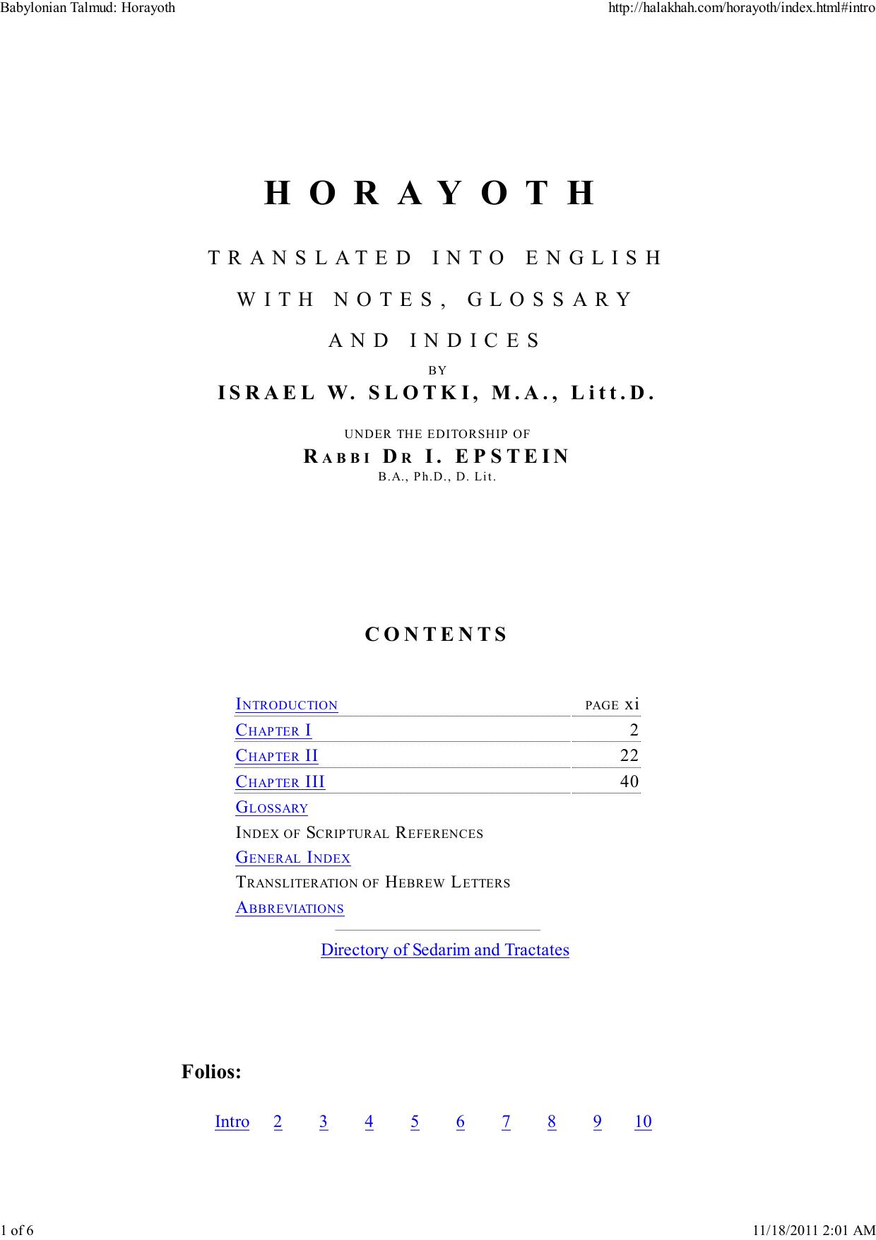 Introduction to Horayoth - Rev. Dr. Israel W. Slotki by adam