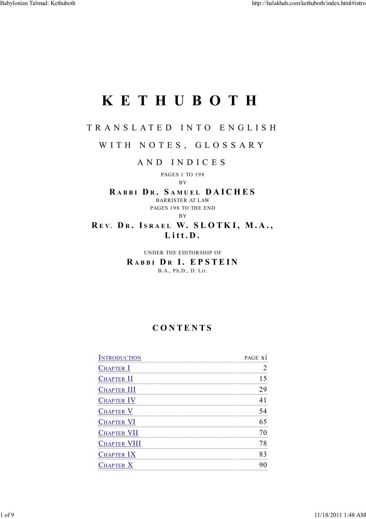 Introduction to Kethuboth - Rev. Dr. Israel W. Slotki by adam