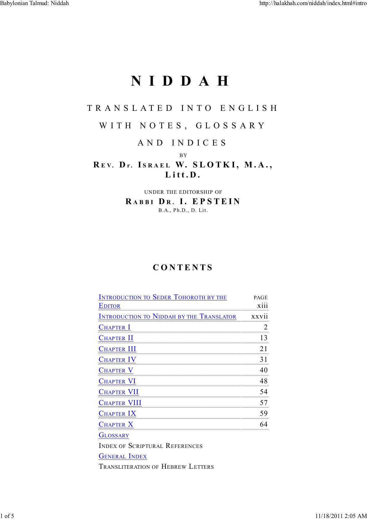 Introduction to Niddah - Rev. Dr. Israel W. Slotki by adam