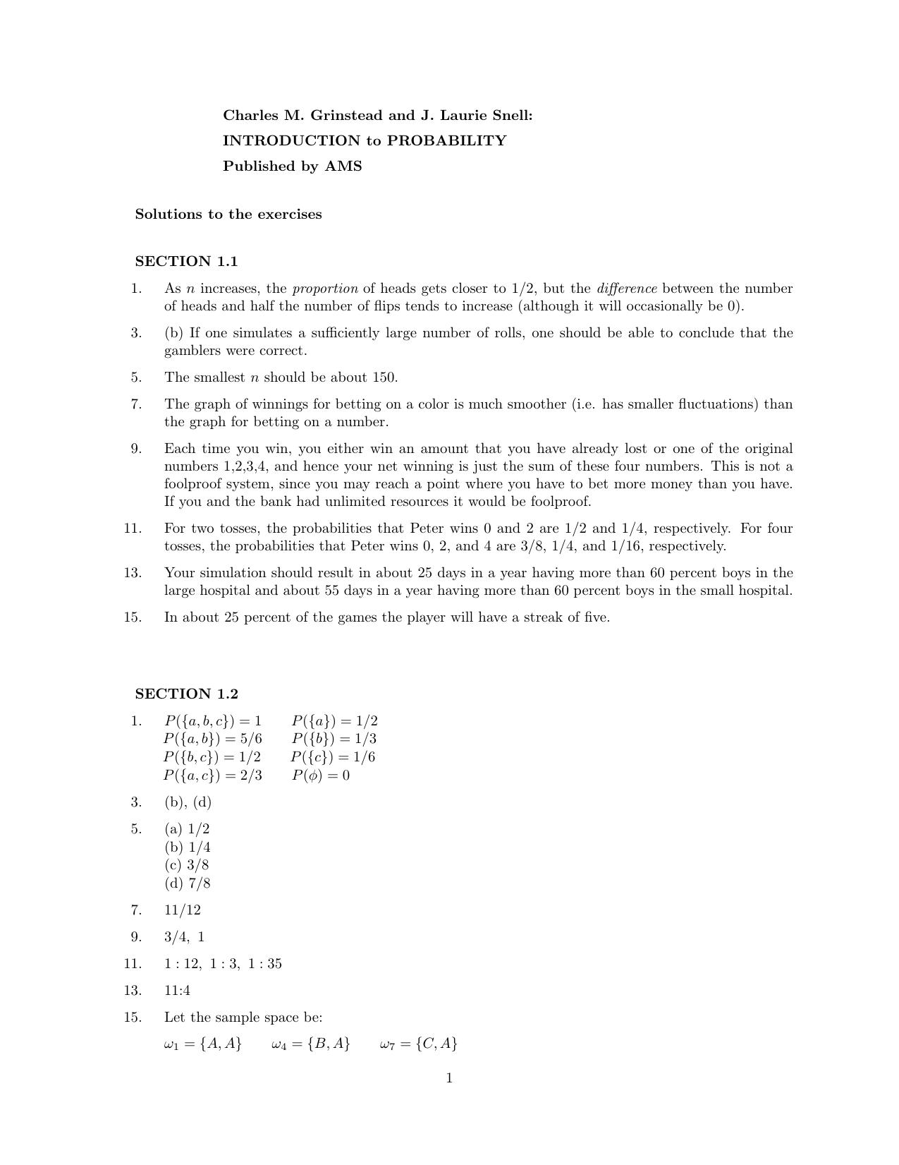 Introduction to Probability - Solutions Manual by Charles M. Grinstead and J. Laurie Snell