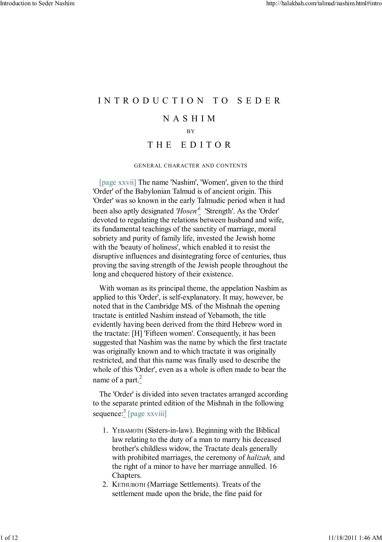 Introduction to Seder Nashim - Rabbi Dr. I Epstein by adam
