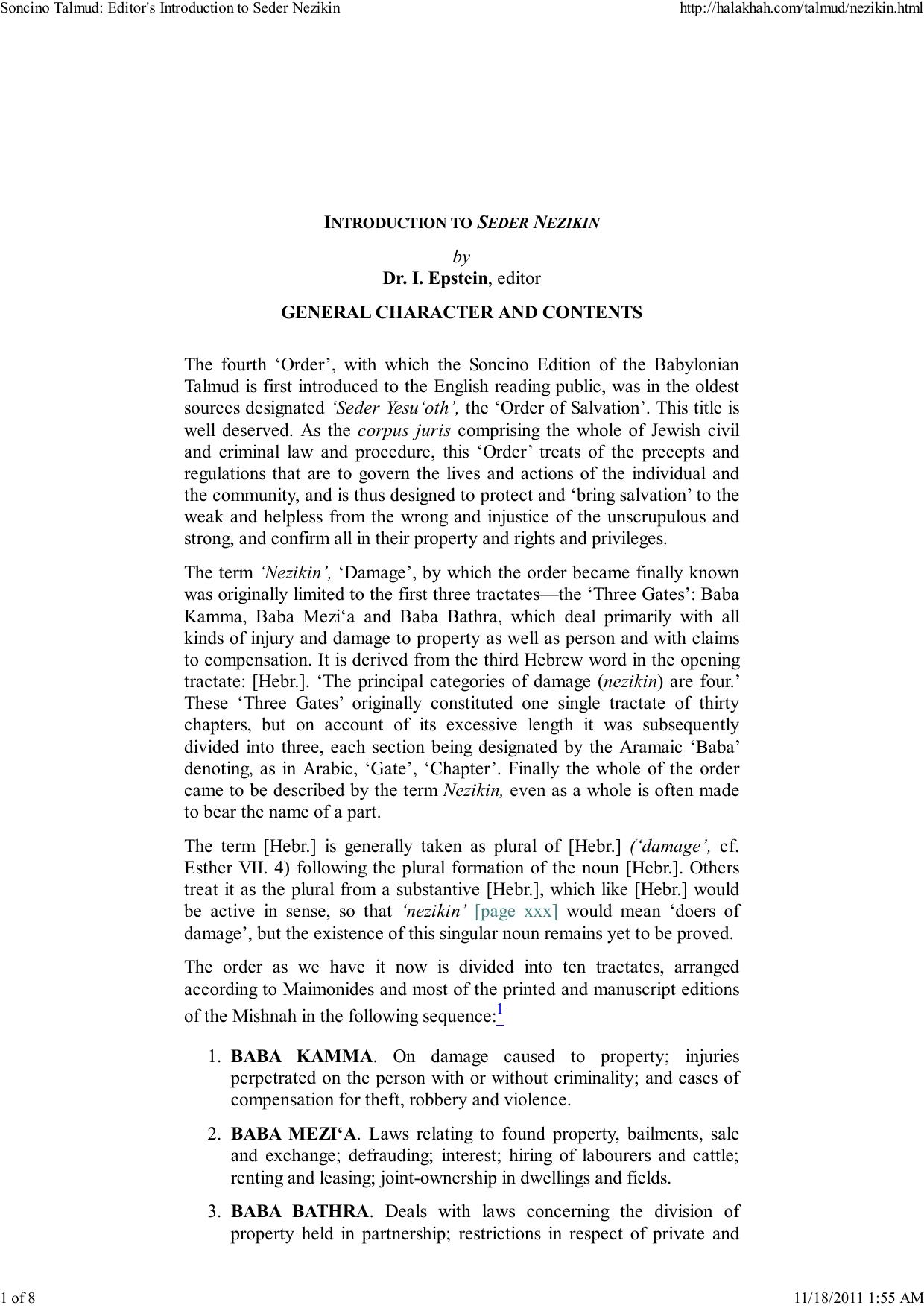 Introduction to Seder Nezikin - Rabbi Dr. I. Epstein by adam
