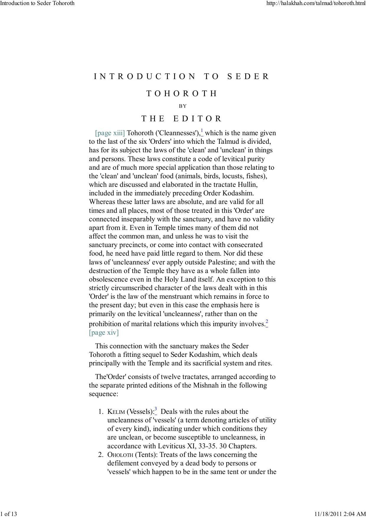 Introduction to Seder Tohoroth - Rabbi Dr. I. Epstein by adam