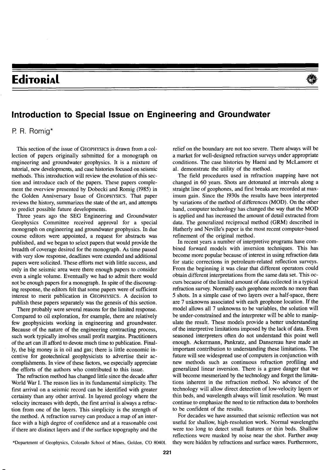 Introduction to Special Issue on Engineering and Groundwater by P.R. Romig
