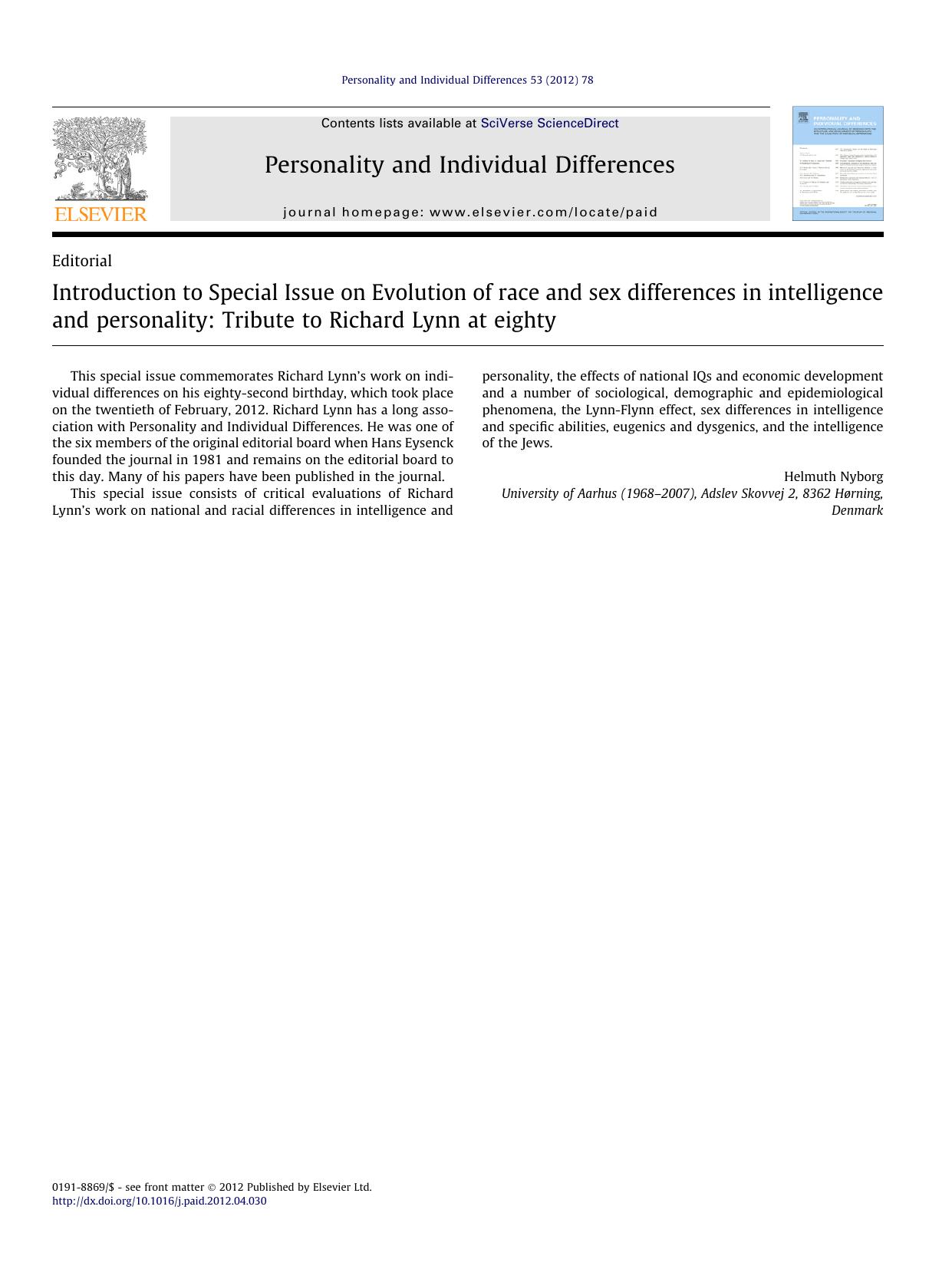 Introduction to Special Issue on Evolution of race and sex differences in intelligence and personality: Tribute to Richard Lynn at eighty by Helmuth Nyborg