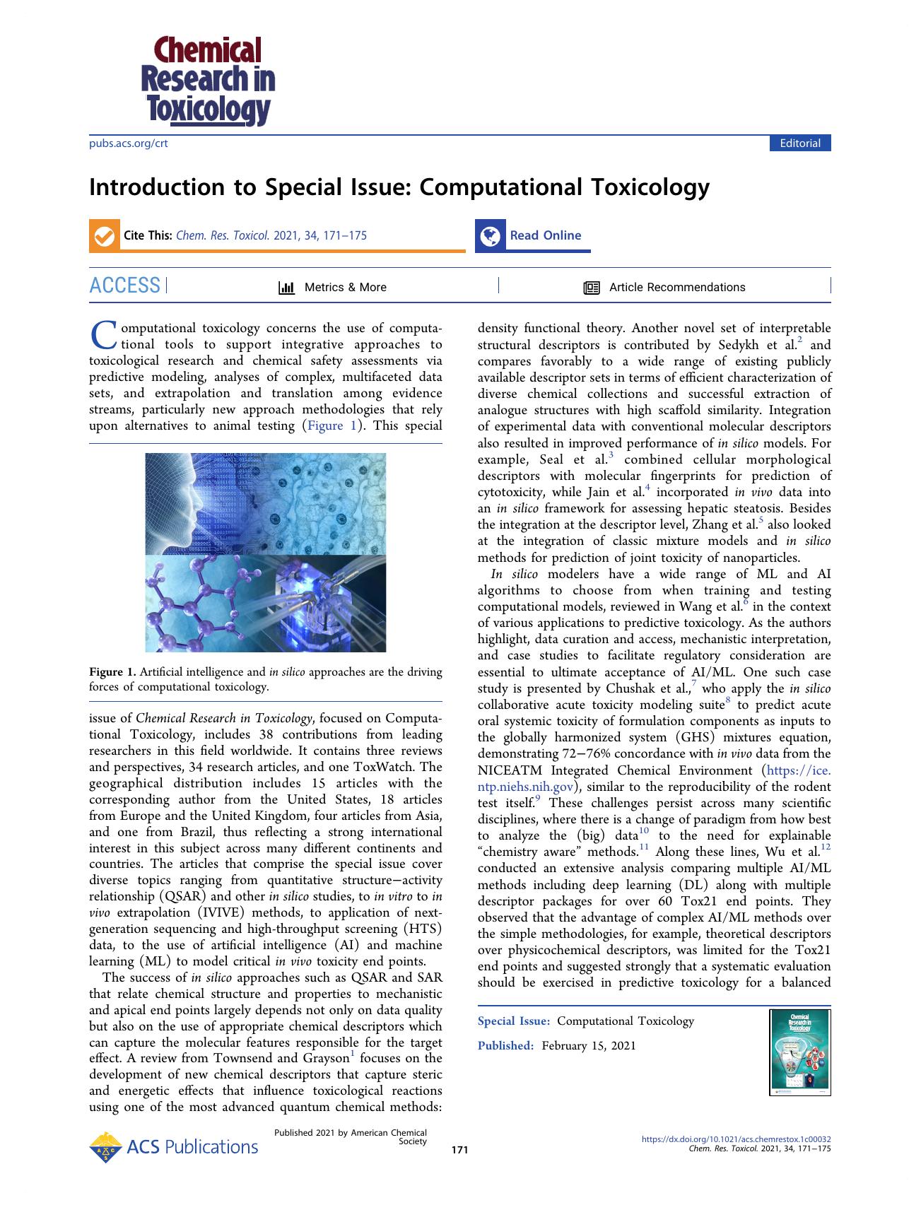 Introduction to Special Issue: Computational Toxicology by Nicole C. Kleinstreuer Igor V. Tetko and Weida Tong